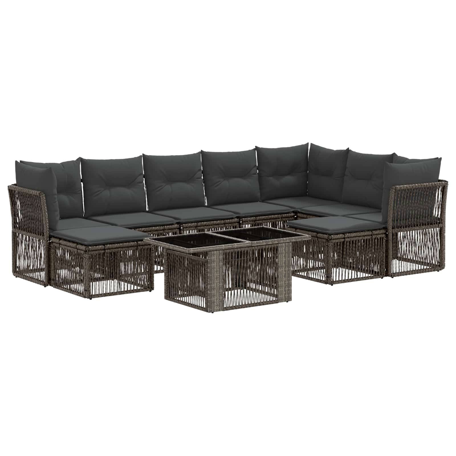 Dunkles Rattan-Außensofa-Set mit grauen Kissen und passendem Couchtisch auf weißem Hintergrund