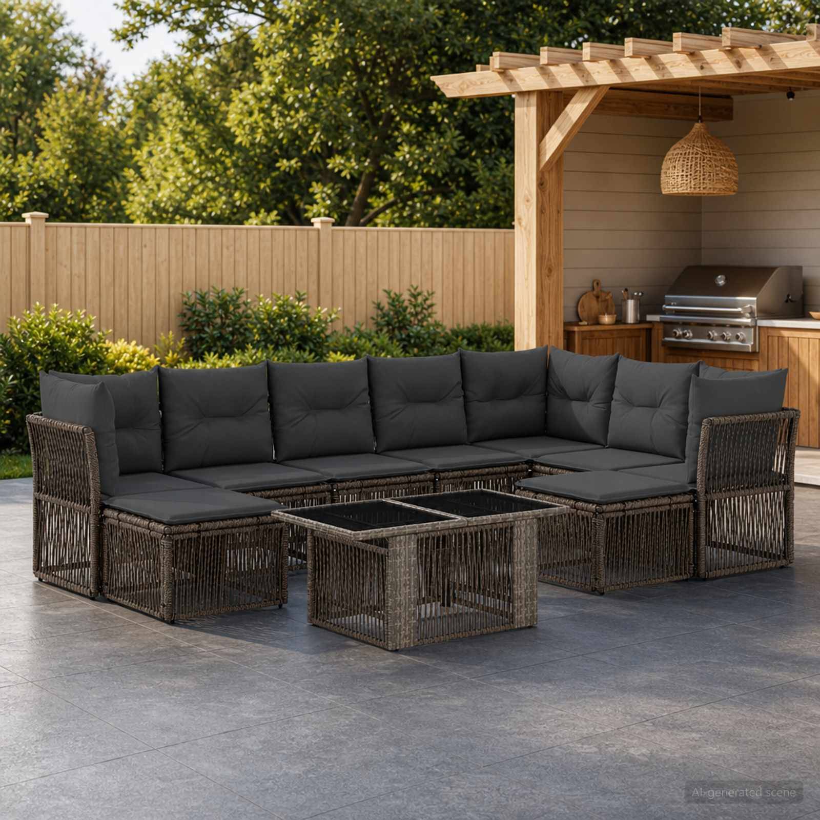 Outdoor-Rattansektionalsofa für die Terrasse mit dunklen Kissen und Couchtischen in einem Hinterhof neben einer Pergola und einem Grillbereich.