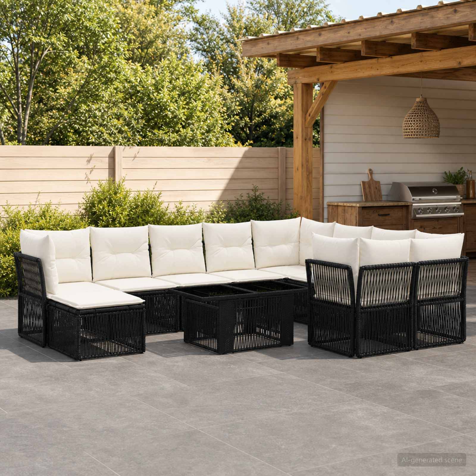 Outdoor-Terrassensitzgruppe mit weißen Kissen und schwarzen geflochtenen Rahmen, angeordnet um zwei Couchtische unter einer Pergola.