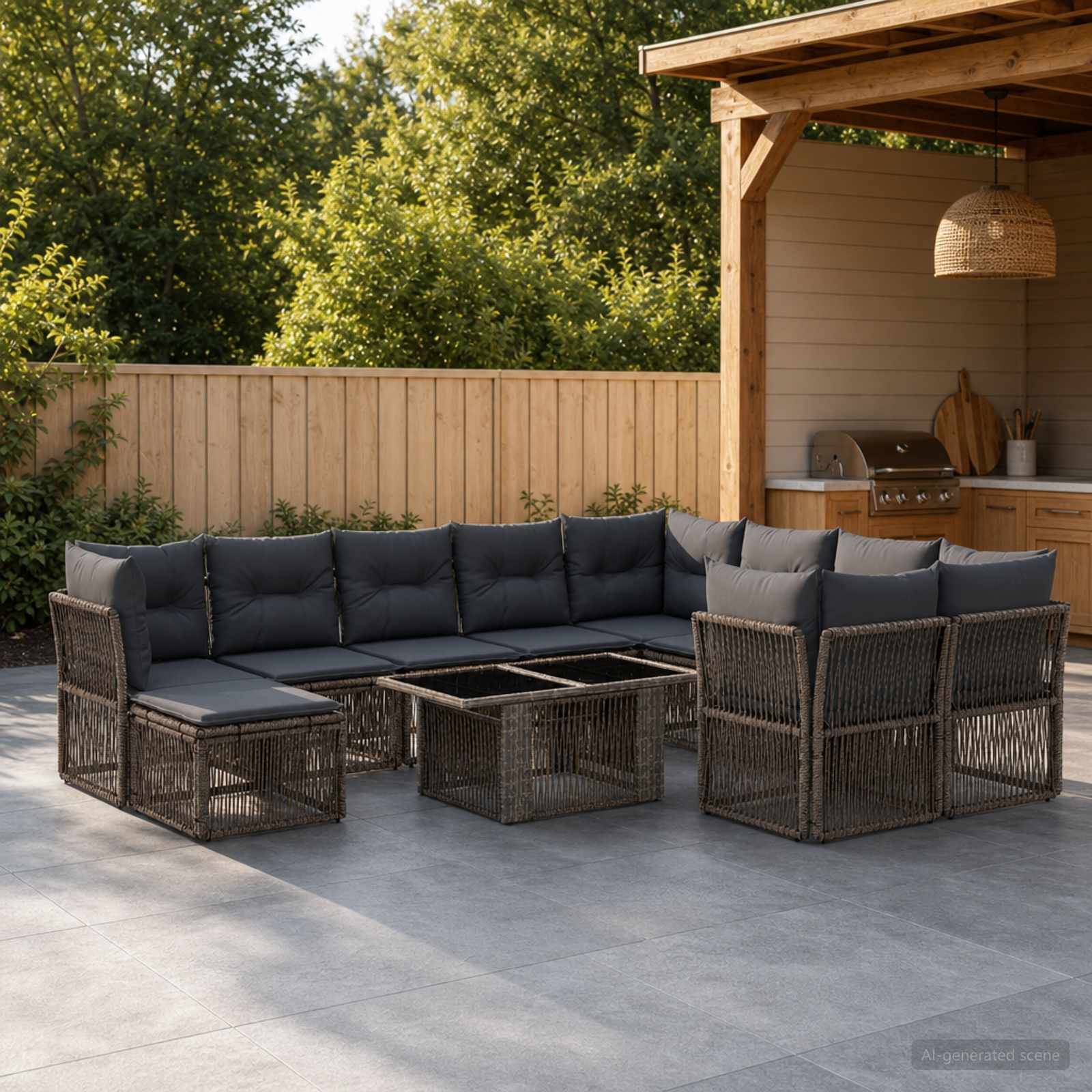 Outdoor-Terrasse mit einem dunklen Korbgeflecht-L-förmigen Ecksofa, passenden Couchtischen und einer Außenküche neben einem Holzzaun und Bäumen.