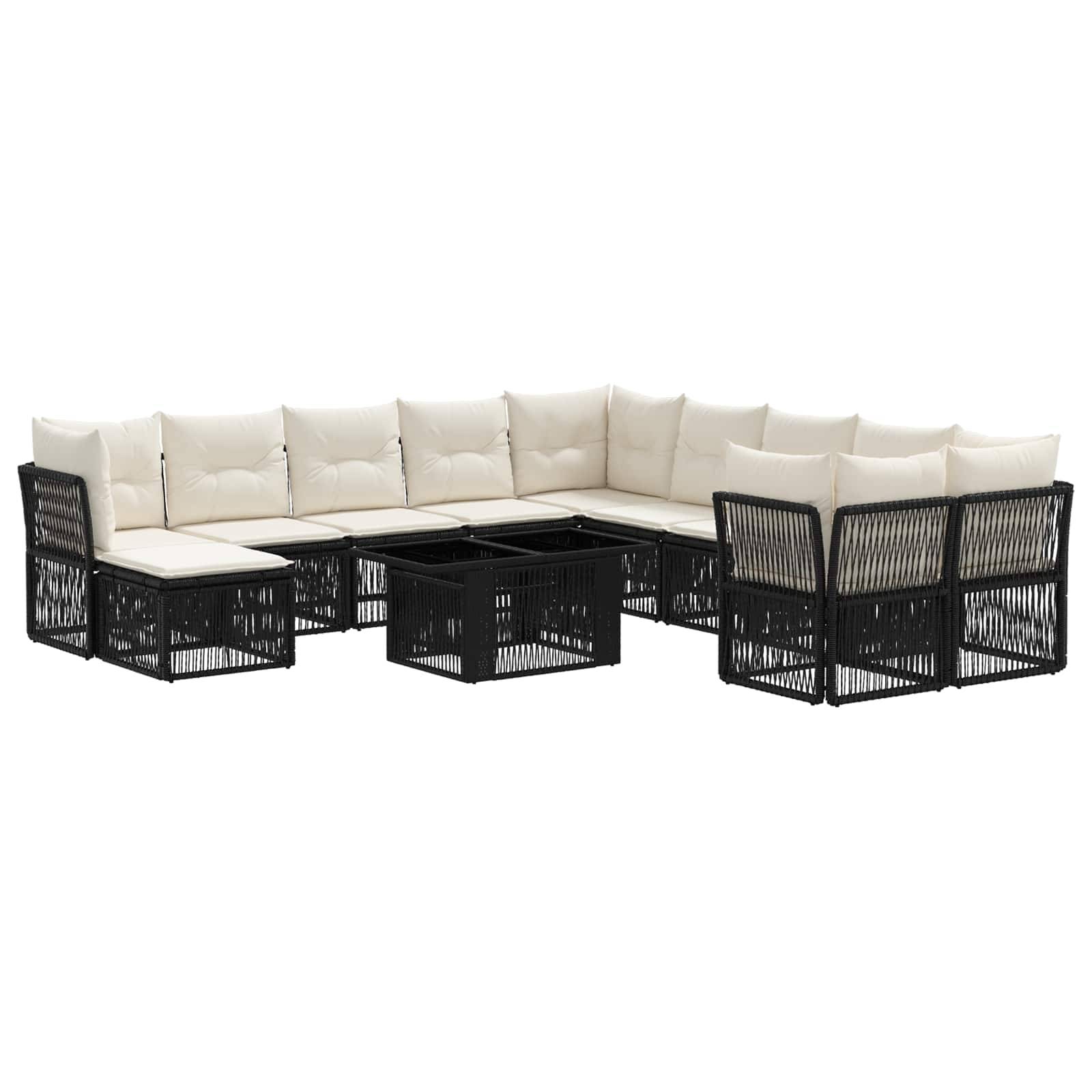 Outdoor-Loungeset mit cremefarbenen Kissen, schwarz gewebten Rahmen und passendem quadratischem Couchtisch.