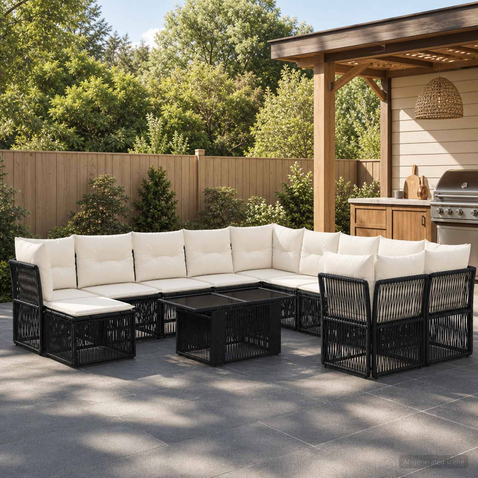 Outdoor-Terrasse mit einem L-förmigen schwarzen Rattansektional-Sofa, weißen Kissen und einem schwarzen Couchtisch neben einem Grill unter einer Pergola.