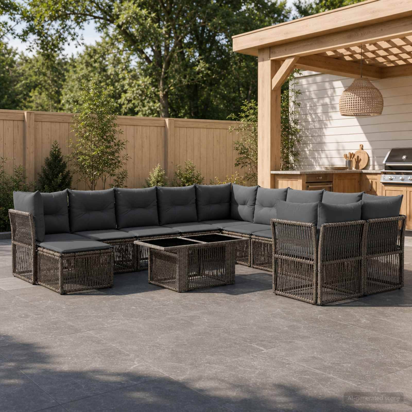 Outdoor-Terrasse mit einem dunklen Rattan-Ecksofa, passenden Stühlen und Couchtisch, angeordnet um eine Feuerstelle neben einer Holz-Pergola-Küchenbereich.