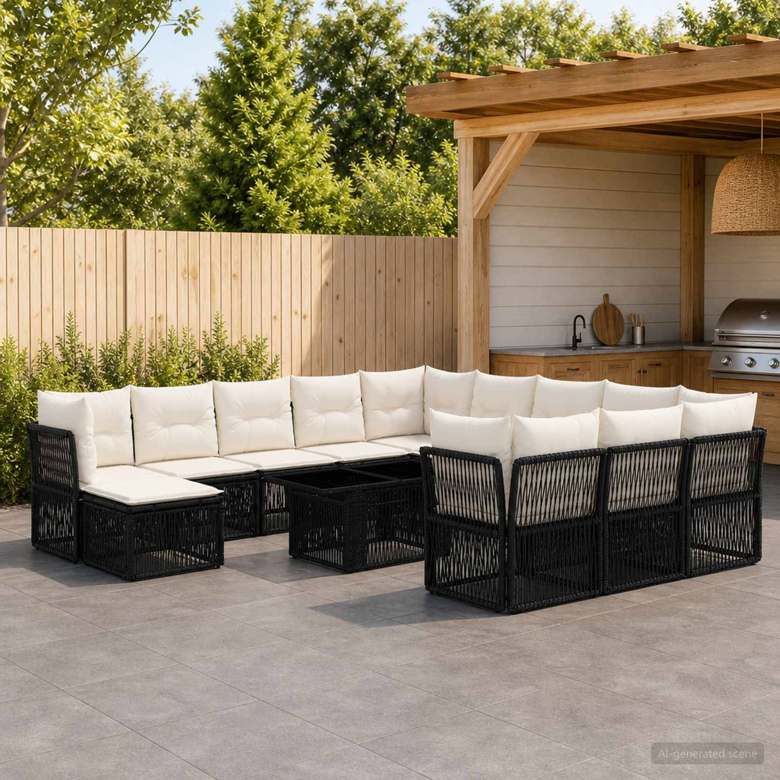 Terrasse im Freien mit schwarzem Rattan-Ecksofa und cremefarbenen Kissen neben einem Holz-Grillpavillon, angelegt auf einer gefliesten Terrasse mit Sichtschutzwand und Begrünung.