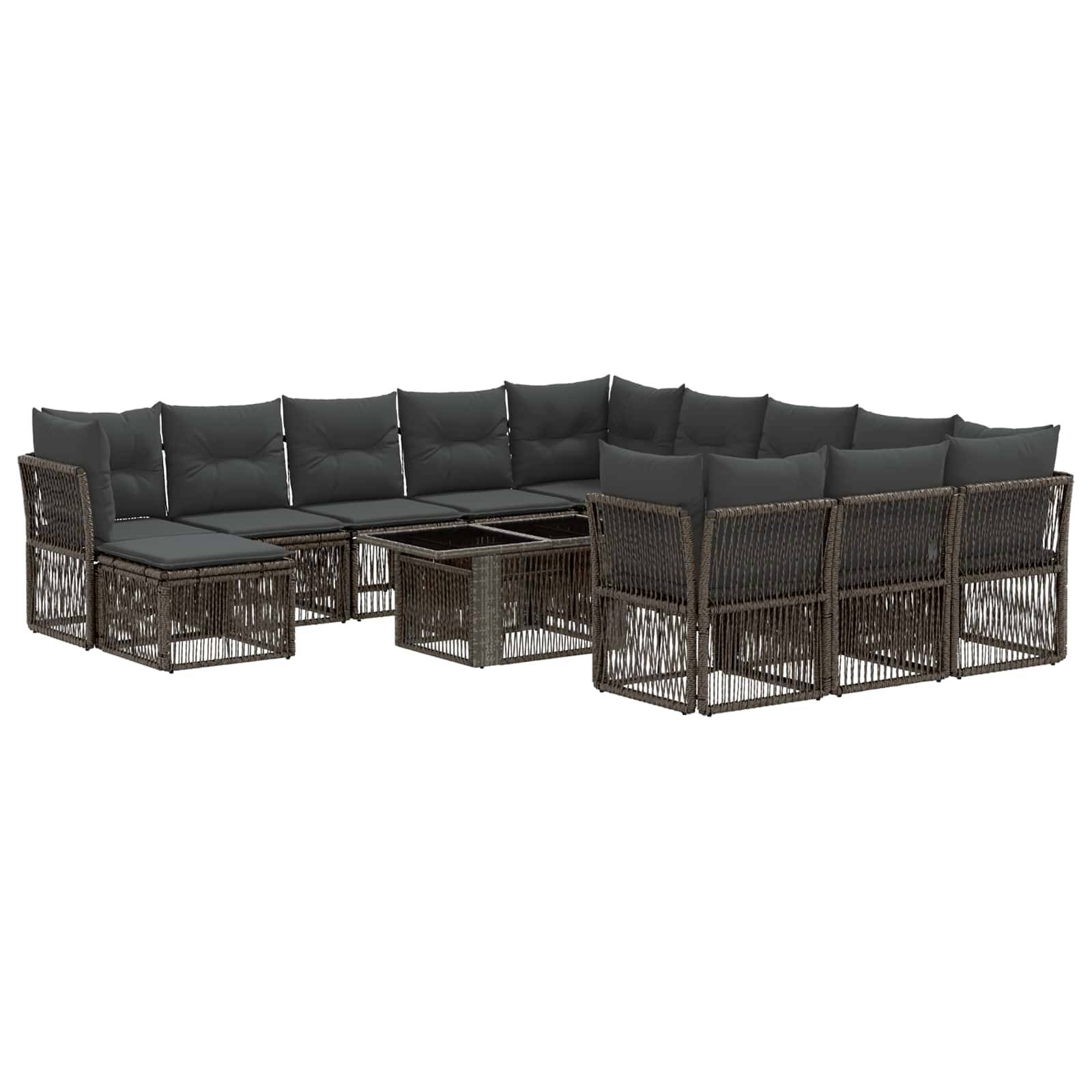 Outdoor-Rattanecksofa-Terrassensatz mit dunklen Kissen und Couchtischen