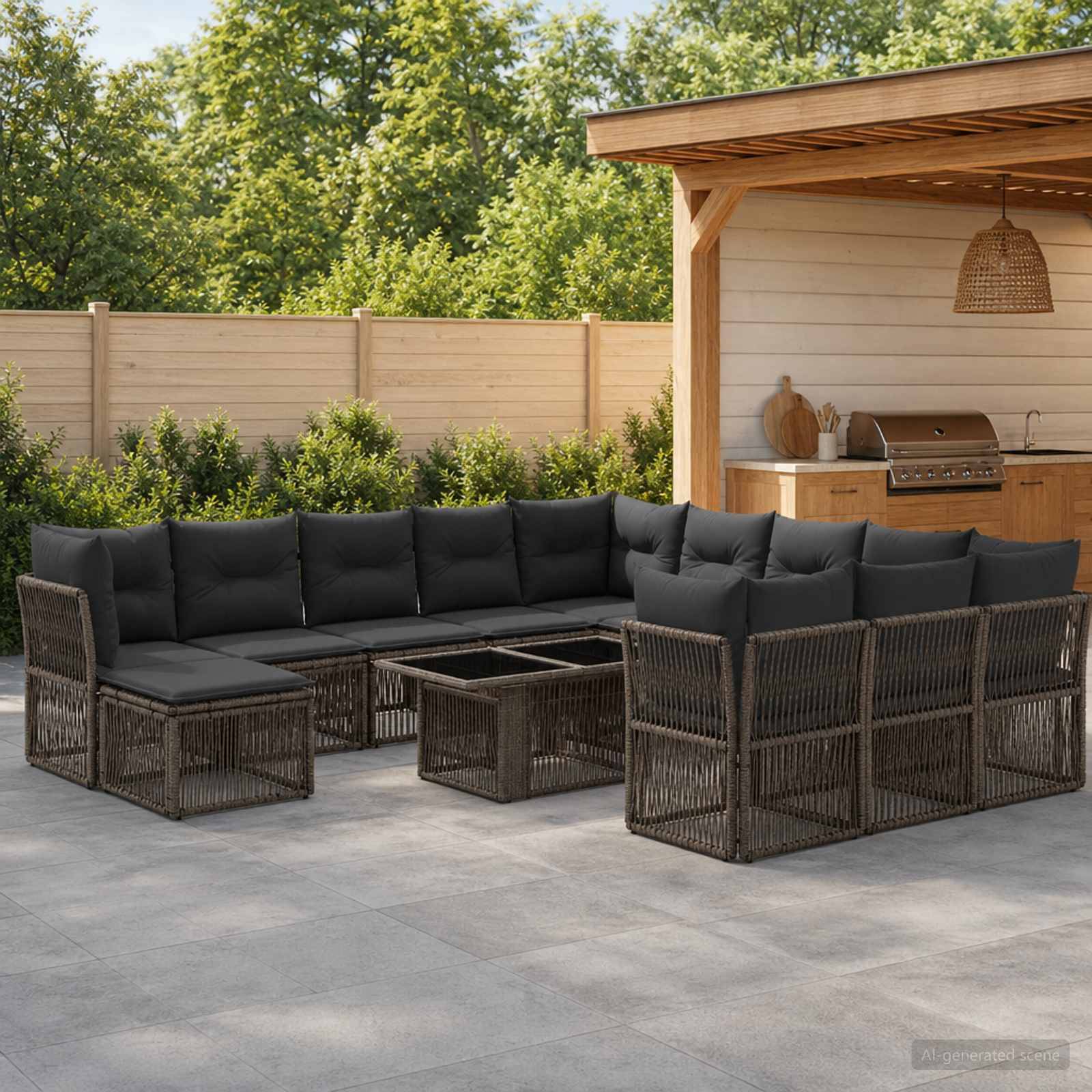 Außenbereich-Sitzmöbelset für die Terrasse mit schwarzen Polstern und geflochtenen Rattanrahmen rund um quadratische Couchtische, neben einem überdachten Außenbarbereich.