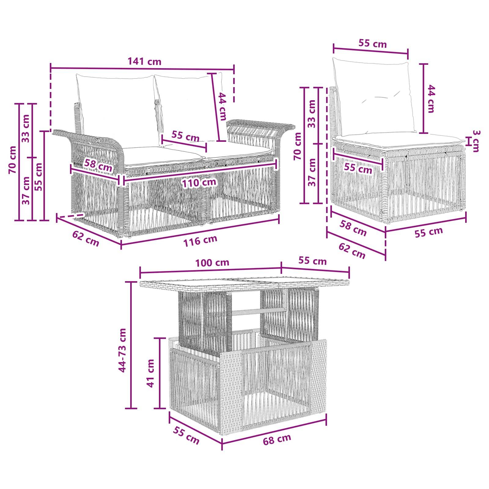 Dimensionierte Diagramm eines Korb-Gartenmöbel-Sets mit einer Zweisitzer-Liege, einem Stuhl und einem Beistelltisch mit Kissen; Größen in cm gekennzeichnet.