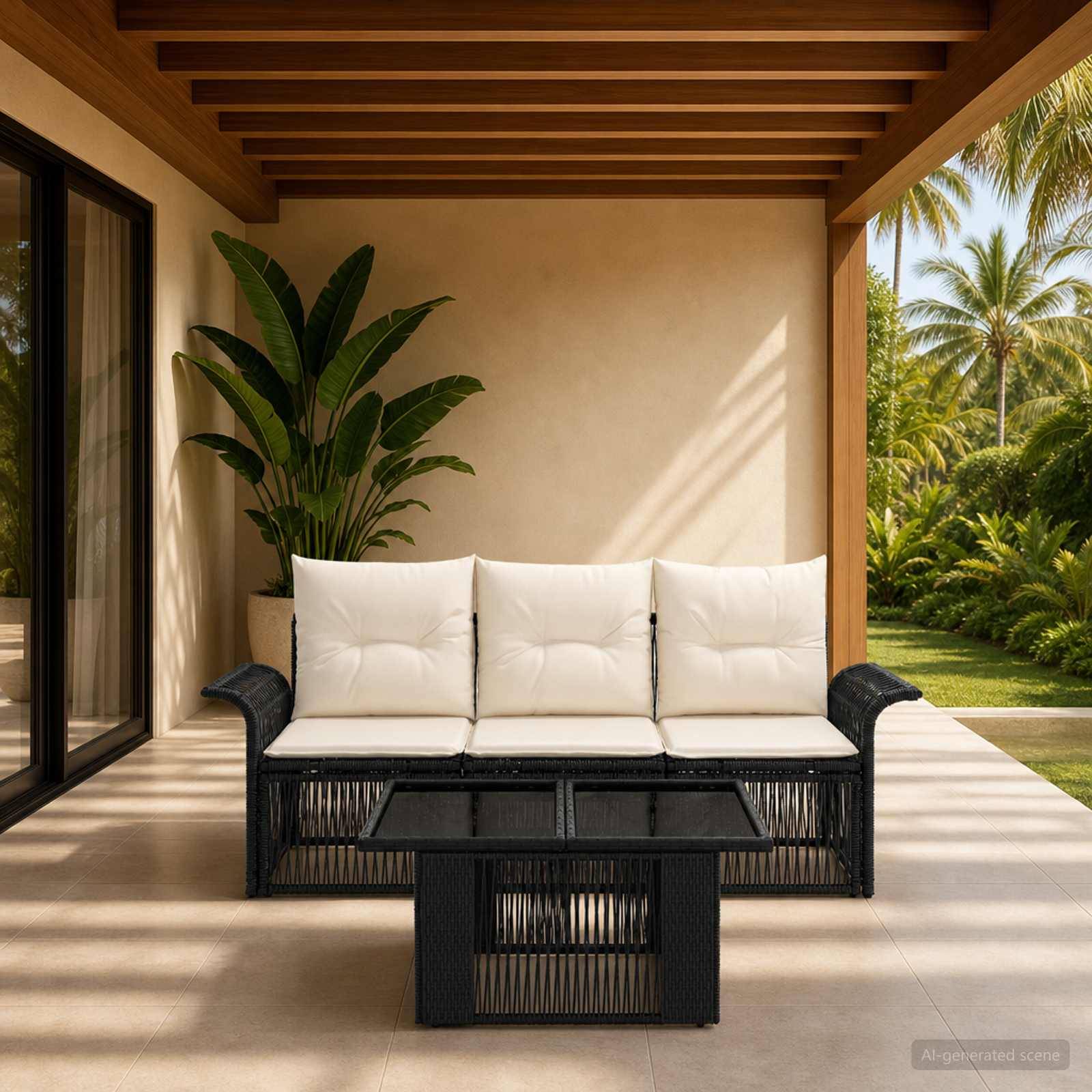 Überdachte Terrasse mit schwarzem Rattansofa, Glascouchtisch, Topfpflanze und Blick auf den tropischen Garten an der offenen Seite.