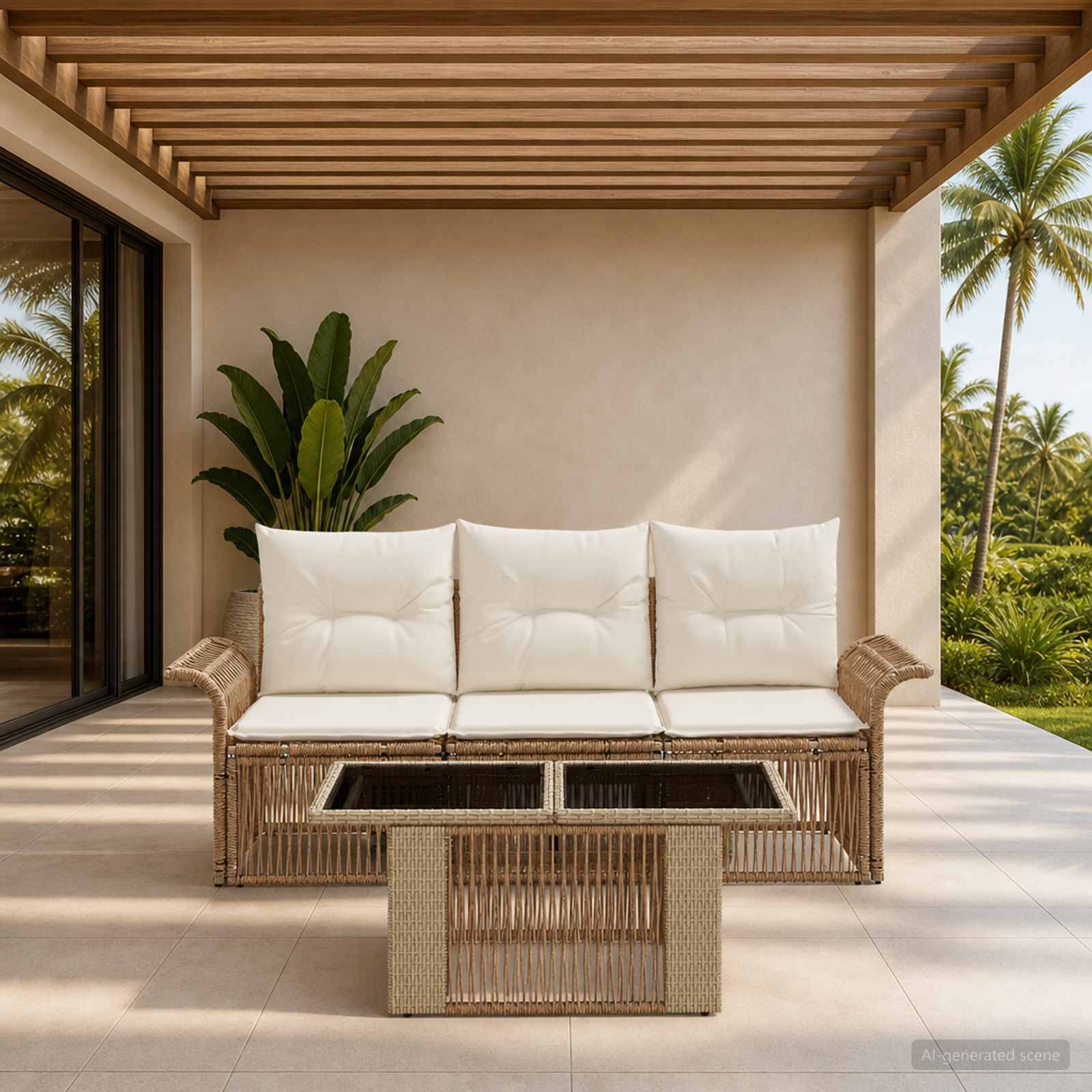 Terrasse im Freien mit Korbsofa, weißen Kissen und passendem Couchtisch unter einer Holzpergola, neben tropischen Pflanzen und Palmen.