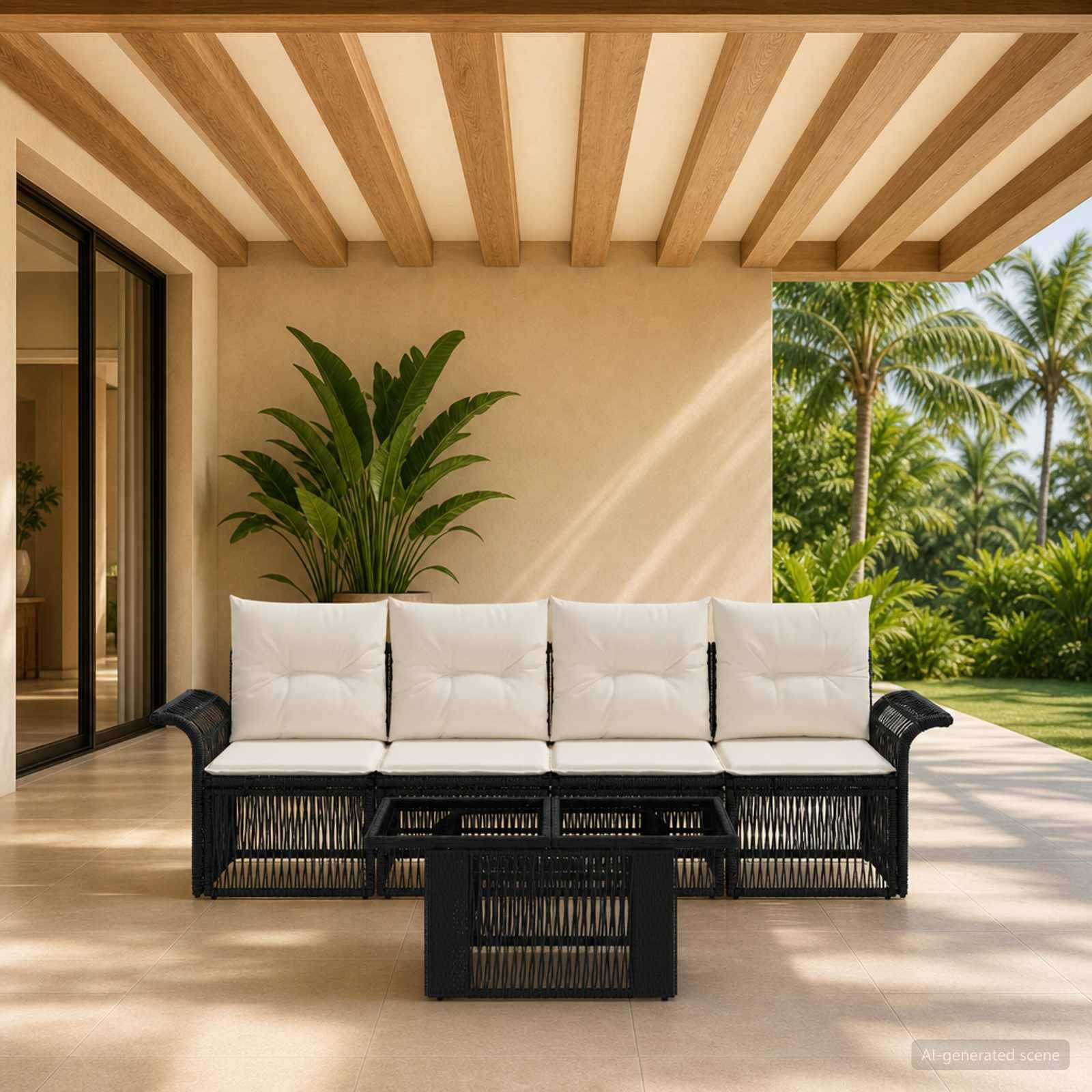Moderner Außenpatio mit schwarzem Rattansofa und Couchtisch unter einer Pergola mit Holzbalken, mit Blick auf einen tropischen Garten mit Palmen.