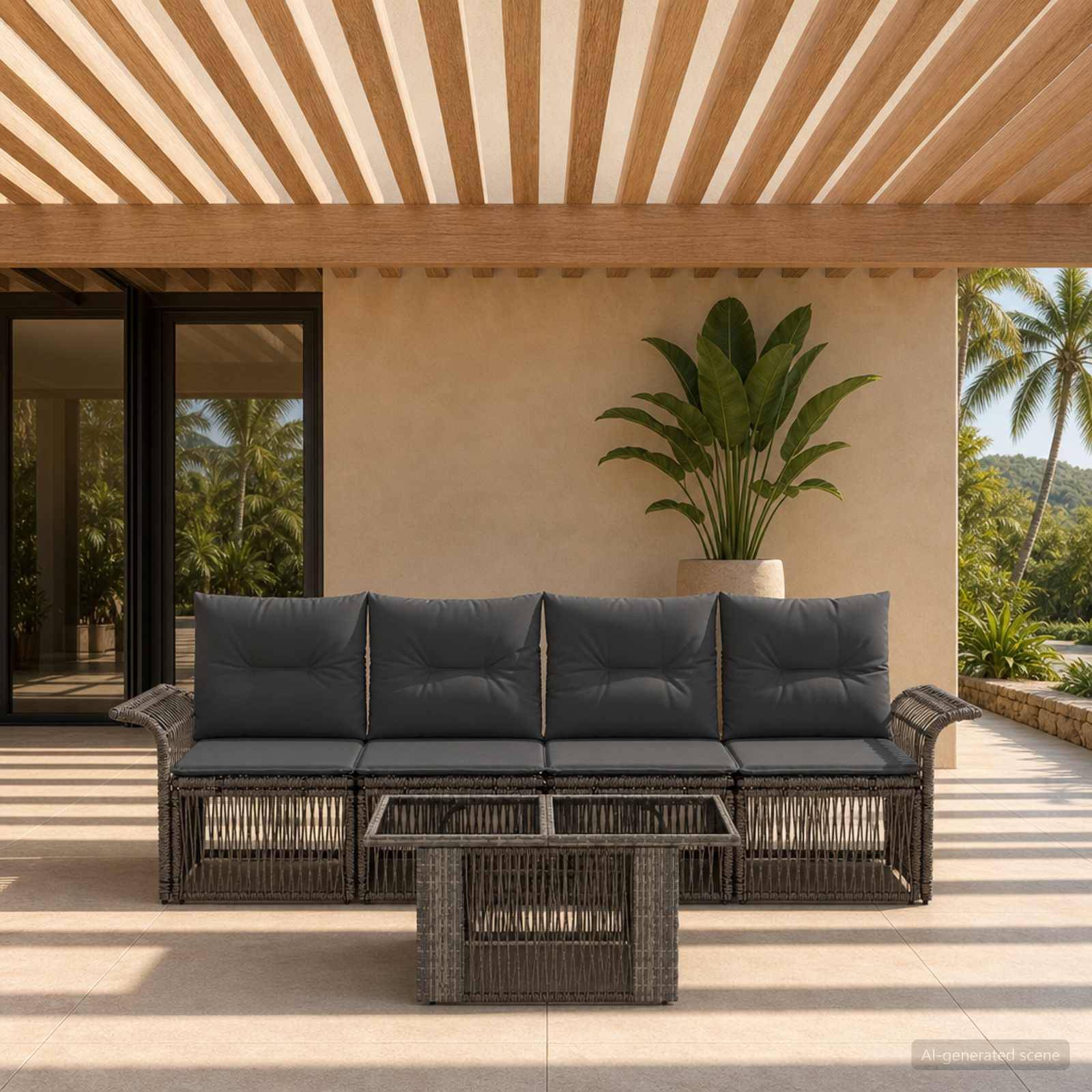 Außenbereich der Terrasse mit einem viersitzigen Rattansofa und Glastisch unter einer gestreiften Pergola, mit tropischen Pflanzen und Gartenblick.