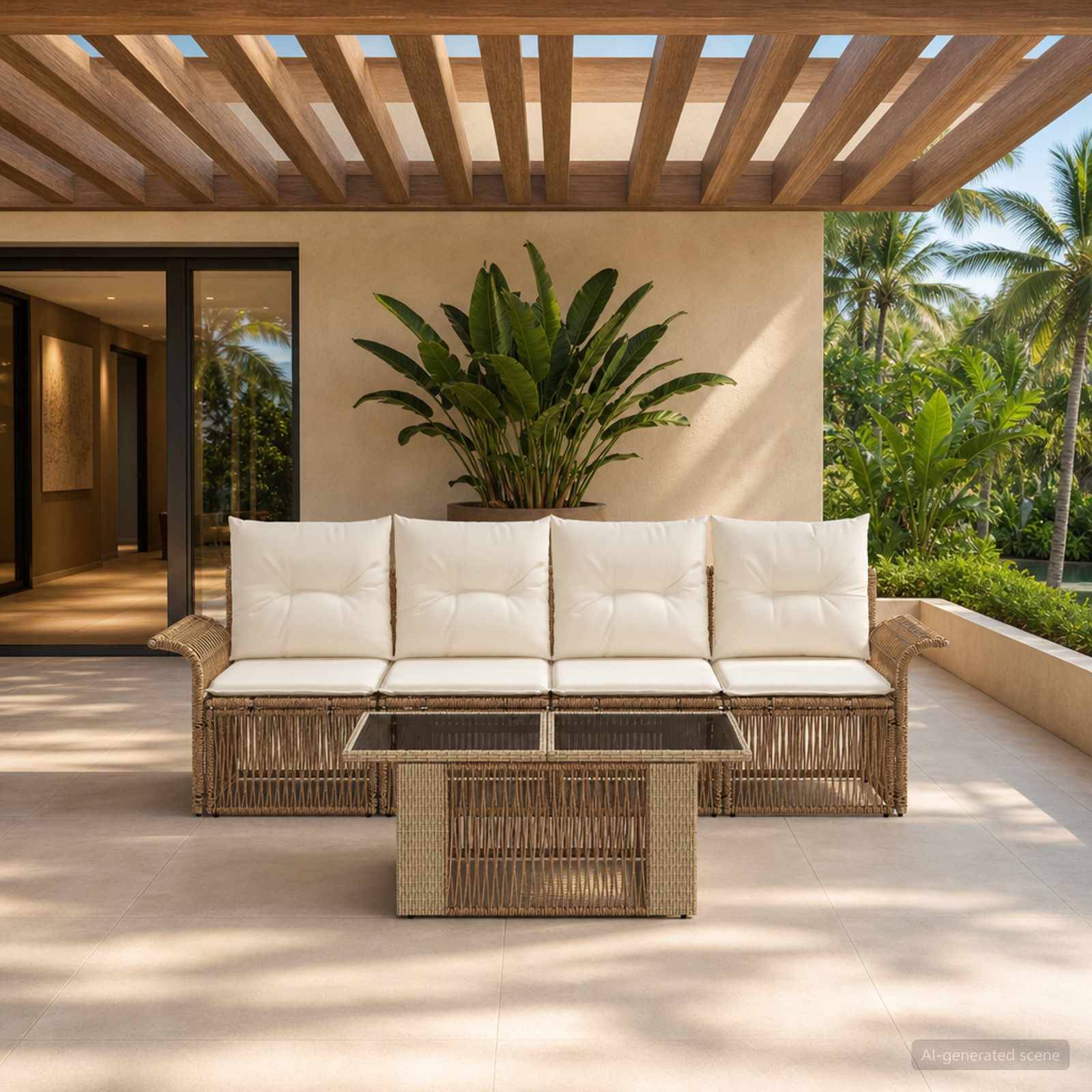 Outdoor-Terrasse mit Rattansofa, Glastisch und weißen Kissen unter einer Holzpergola, umgeben von tropischen Pflanzen.