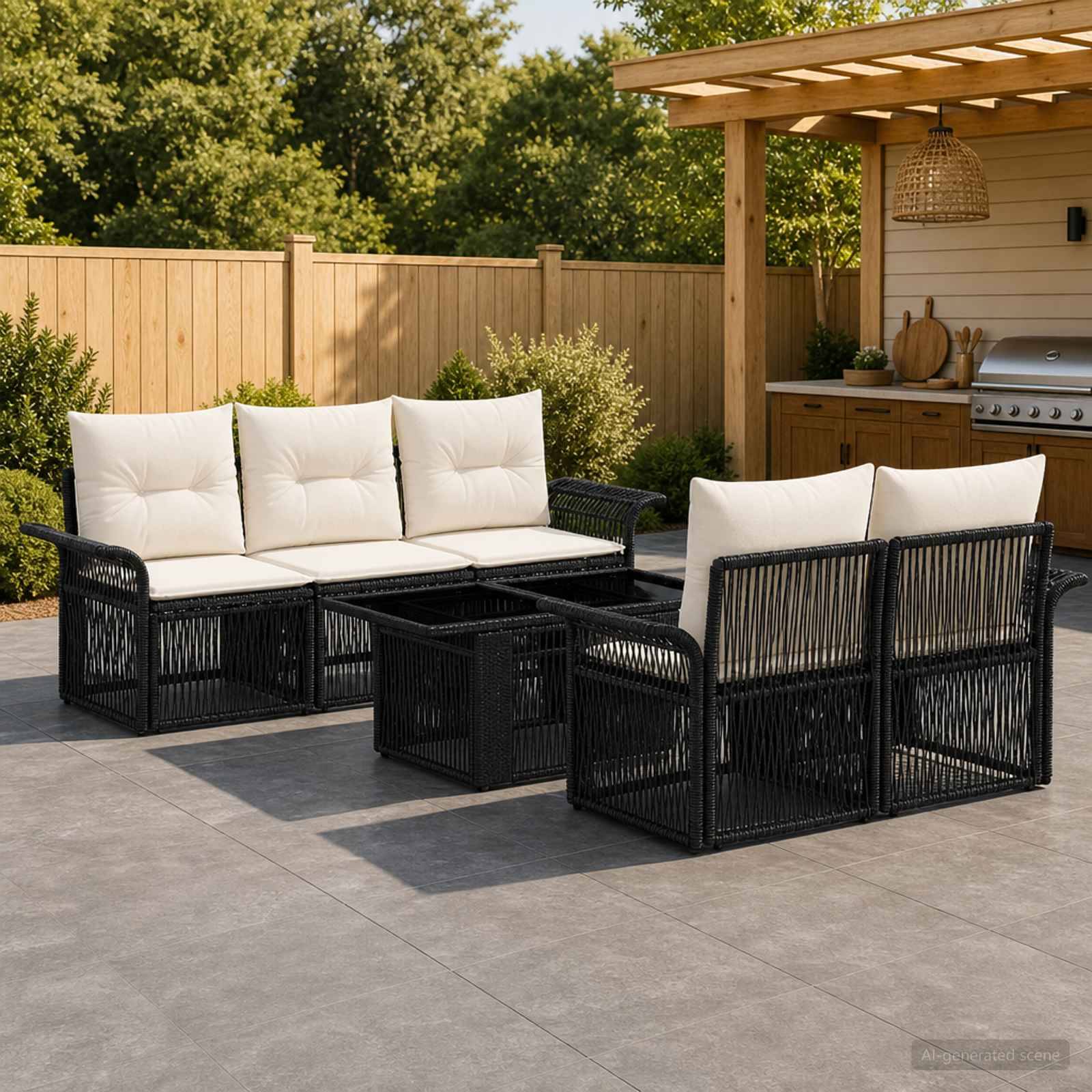 Gartenmöbelset für die Terrasse mit zwei schwarzen Rattansofas, cremefarbenen Kissen und einem passenden Couchtisch mit Glasplatte auf einer Steinterrasse neben einem Grillbereich im Hinterhof.