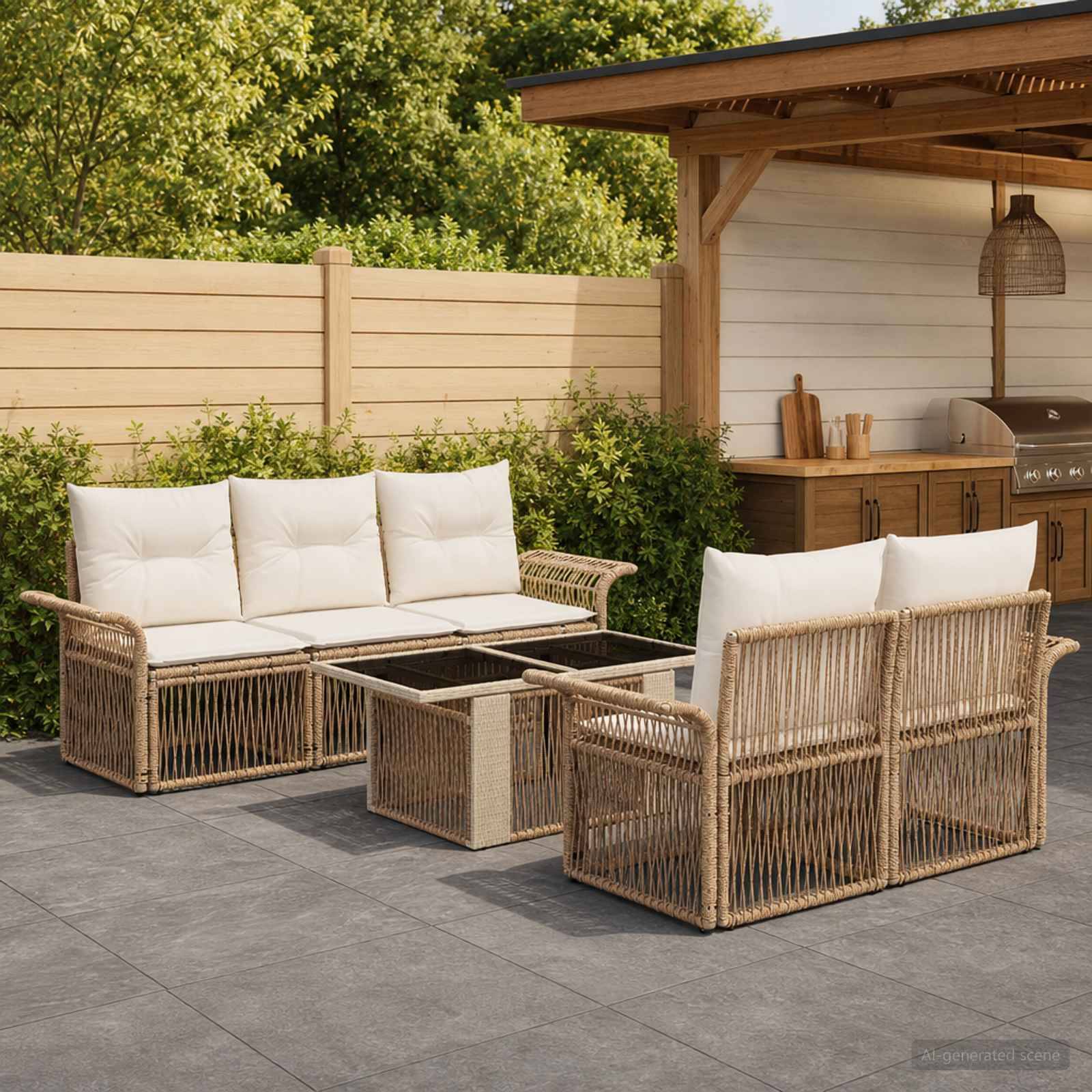 Outdoor-Terrassenmöbelset mit Rattansofas, Stühlen und Couchtisch neben einem überdachten Grillbereich und holzerner Umzäunung.