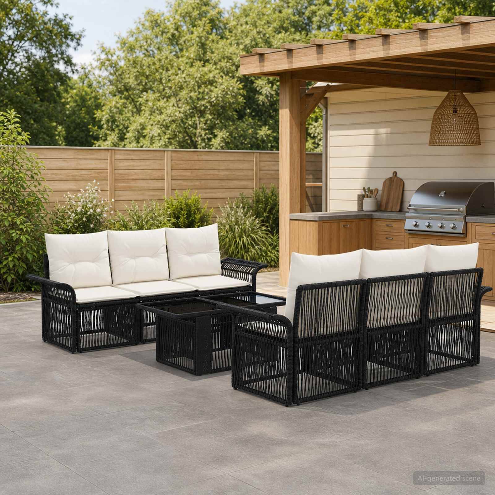 Außenterrasse mit schwarzer Rattan-Eckbestuhlung, weißen Kissen und einem passenden Couchtisch neben einem Grillbereich und einer Holzpergola.