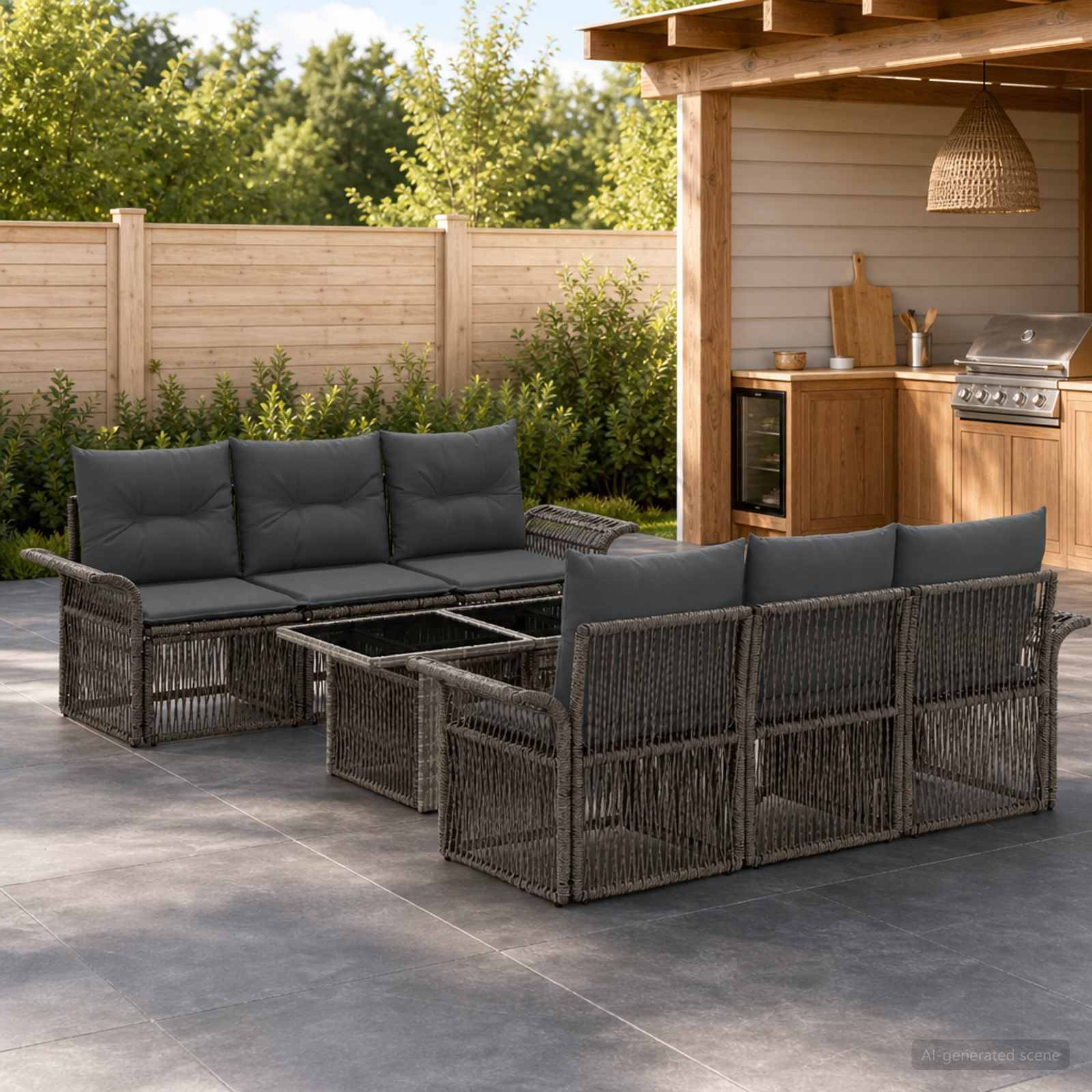 Outdoor-Terrasse mit dunkelm Korbgeflecht-Ecksofa und Glaskaffeetisch neben einem abgedeckten Grill- und Bartisch in einem eingezäunten Hinterhof.