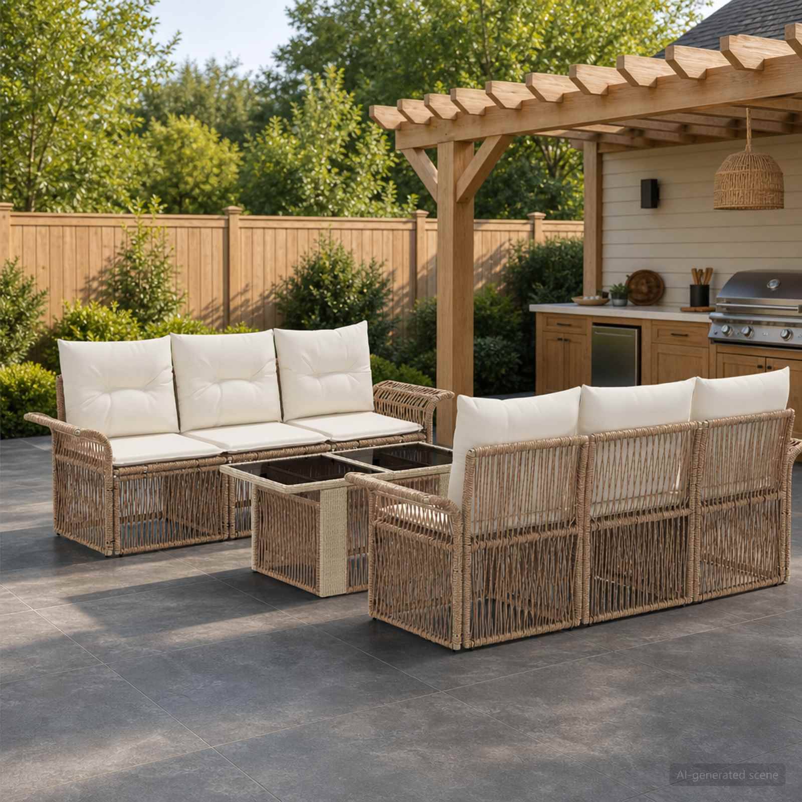 Outdoor-Terrassensitzgruppe mit zwei Korbsofas, Couchtischen und Kissen neben einem mit einer Pergola überdachten Grillbereich in einem eingezäunten Hinterhof.