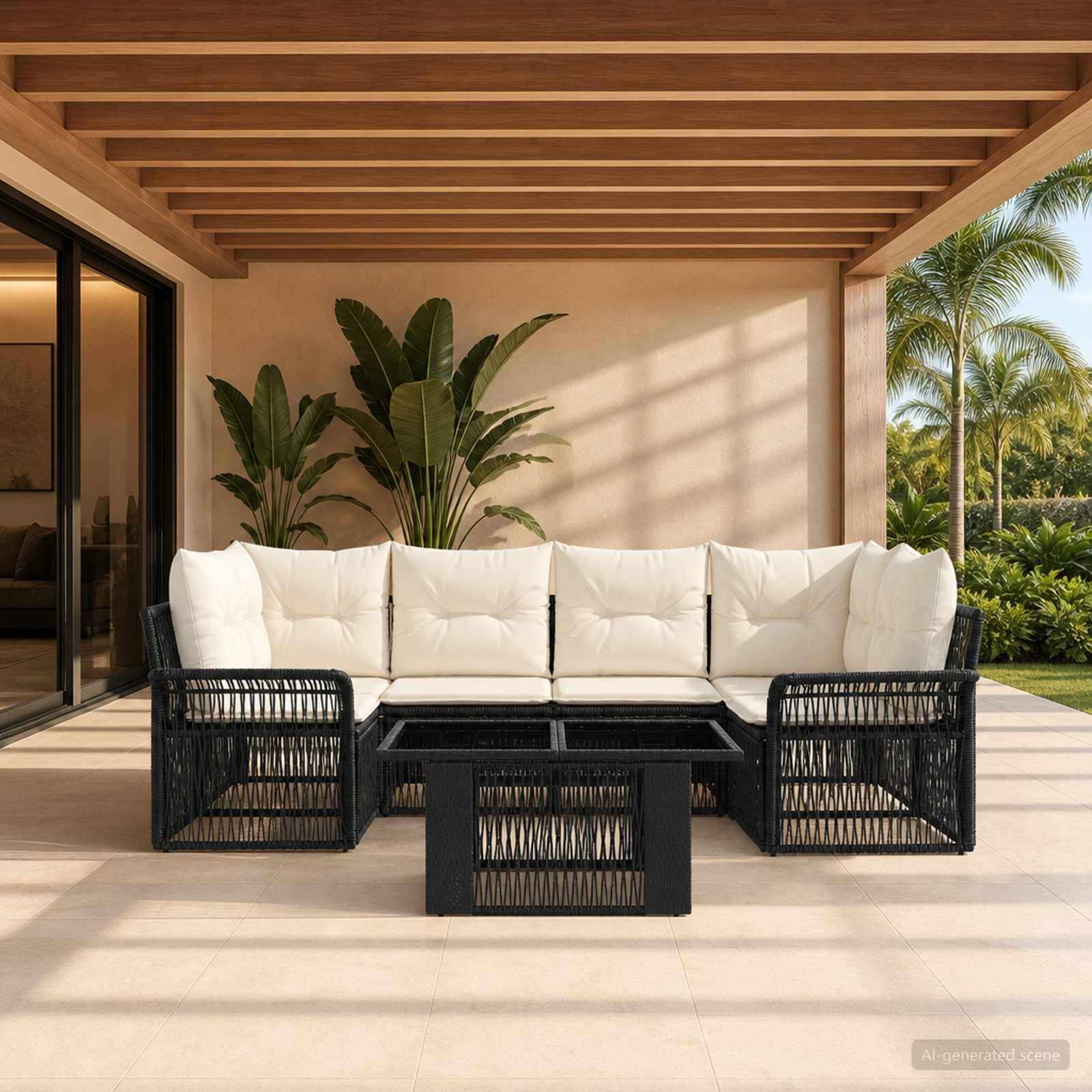 Modernes Außenpatio mit einem schwarz geflochtenen Ecksofa, weißen Kissen und einem Glaskaffeetisch unter einer Holzpergola, mit tropischen Pflanzen und Palmen im Hintergrund.