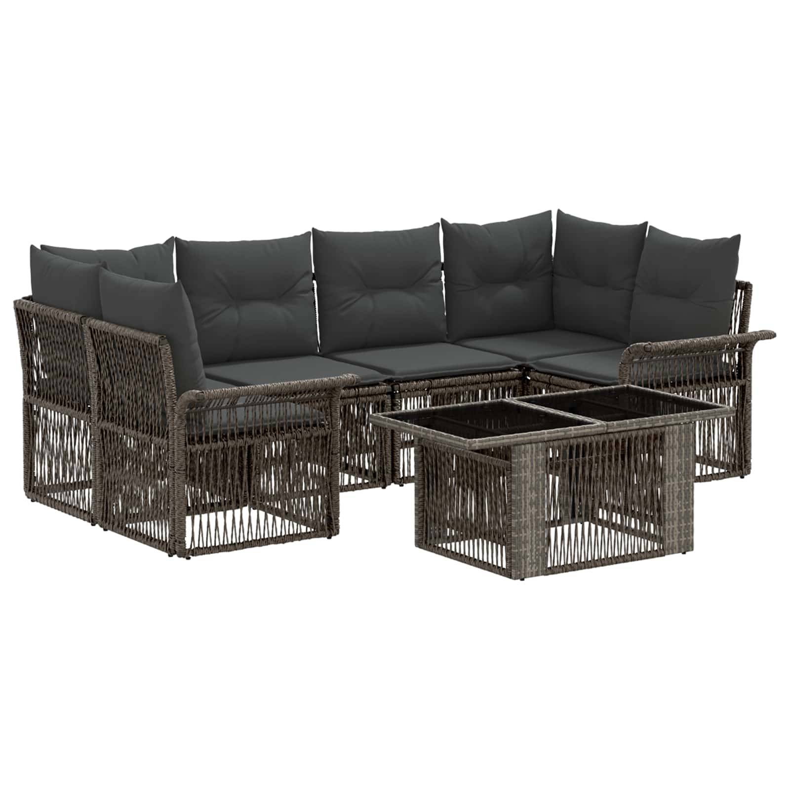 Braunes Korbgeflecht-Außensektion-Sofa mit dunkelgrauen Kissen und passendem quadratischem Couchtisch