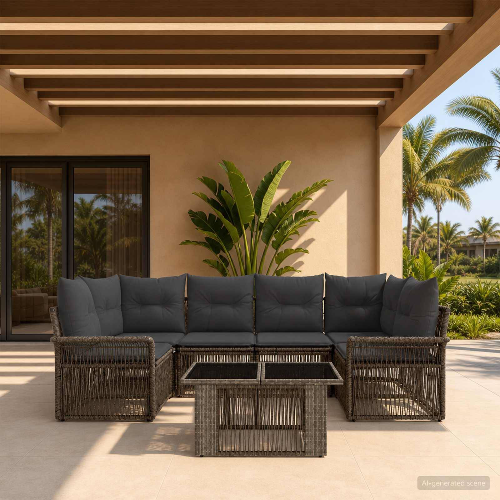 Außenpatio mit Korbsektionalsofa und Couchtisch unter einer überdachten Pergola, neben tropischen Pflanzen und Palmen.