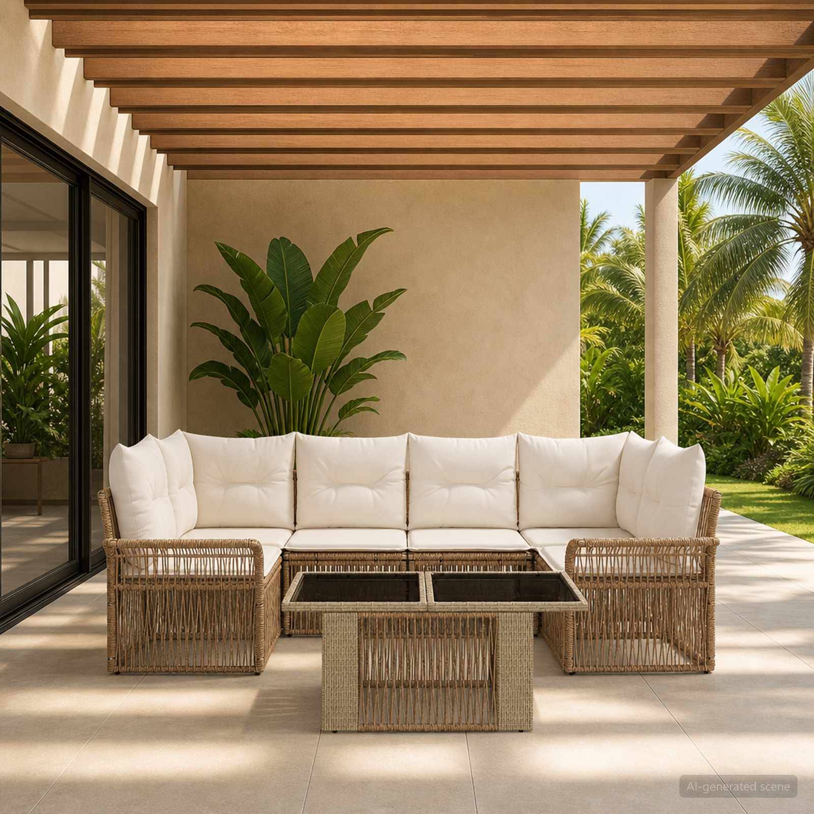 Überdachte Terrasse mit Korbgeflecht-Sitzkombination und Couchtisch, mit Blick auf einen tropischen Garten mit Palmen.