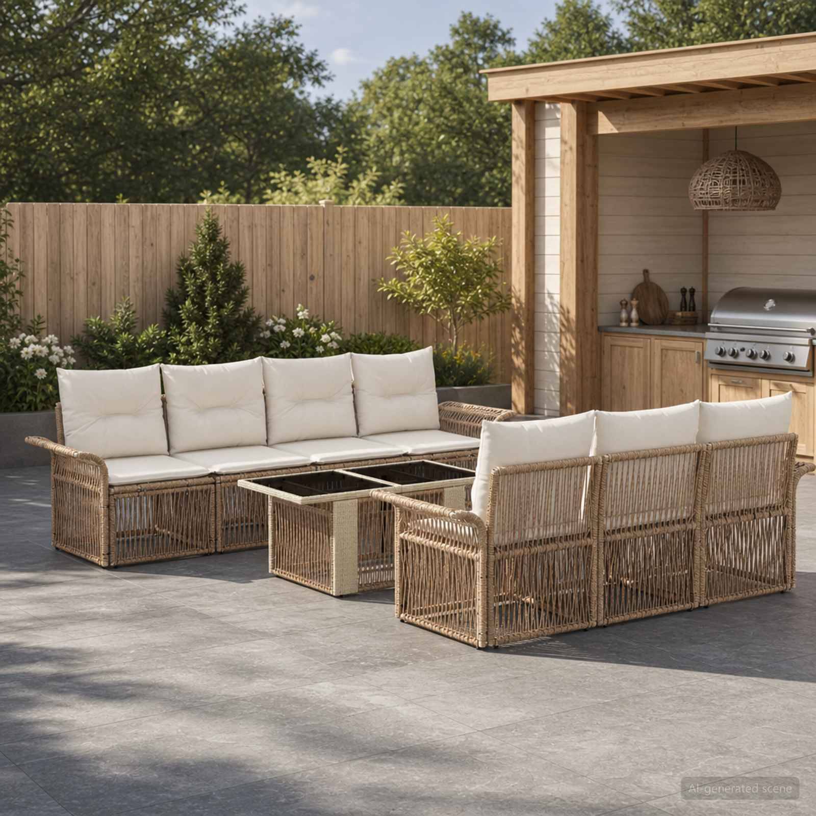 Terrasse im Freien mit Rattanecksessel und Couchtisch neben einer überdachten Grillstation, angelegt in einem eingezäunten Hinterhofgarten.