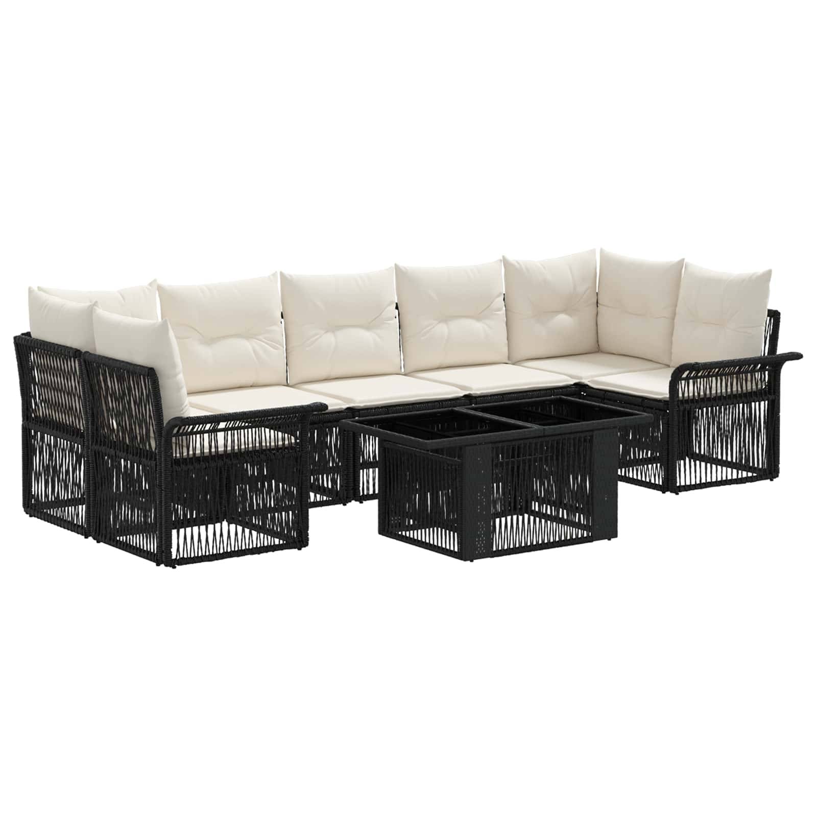 Schwarzes Rattansofa für den Außenbereich mit beigen Kissen und passendem Glastisch auf weißem Hintergrund.