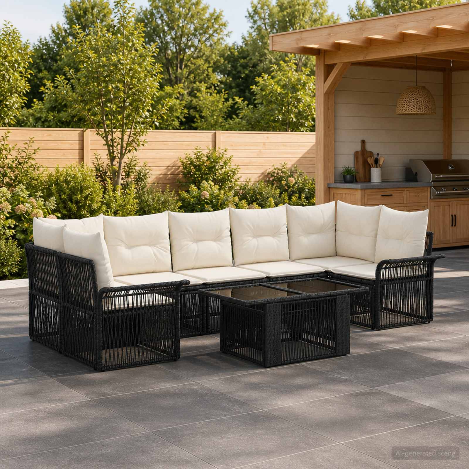 Schwarzes Rattan-Außensektion-Sofa mit weißen Kissen und passendem Couchtisch auf einer gekachelten Terrasse neben einer Holzpergola und Grillbereich.