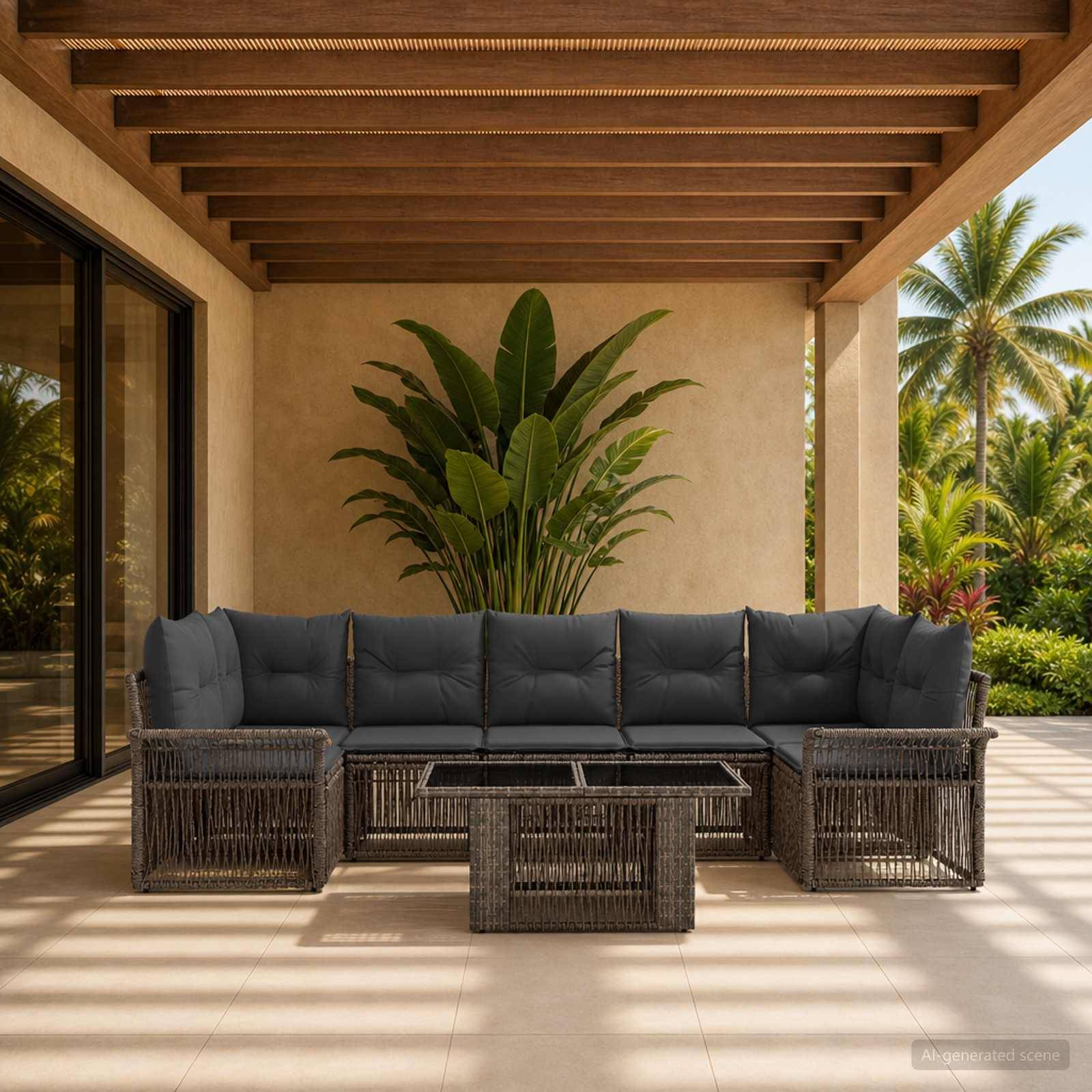 Outdoor-Terrasse mit Rattan-Ecksofa und Couchtisch unter einer hölzernen Pergola, dahinter große tropische Pflanzen und Palmen.