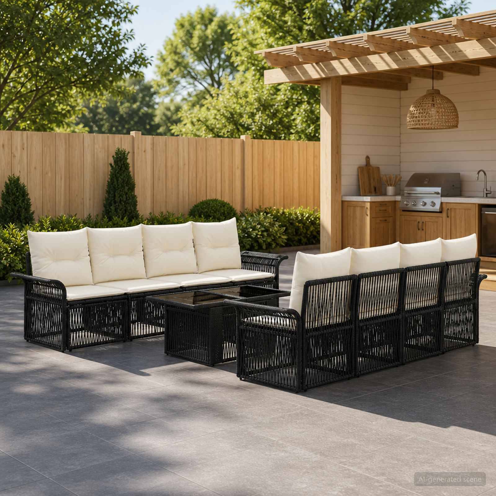 Außenbereich mit Terrasse mit zwei schwarzen Rattansofas um einen Couchtisch herum, neben einer Gartenbar und einem Grill unter einer Pergola.