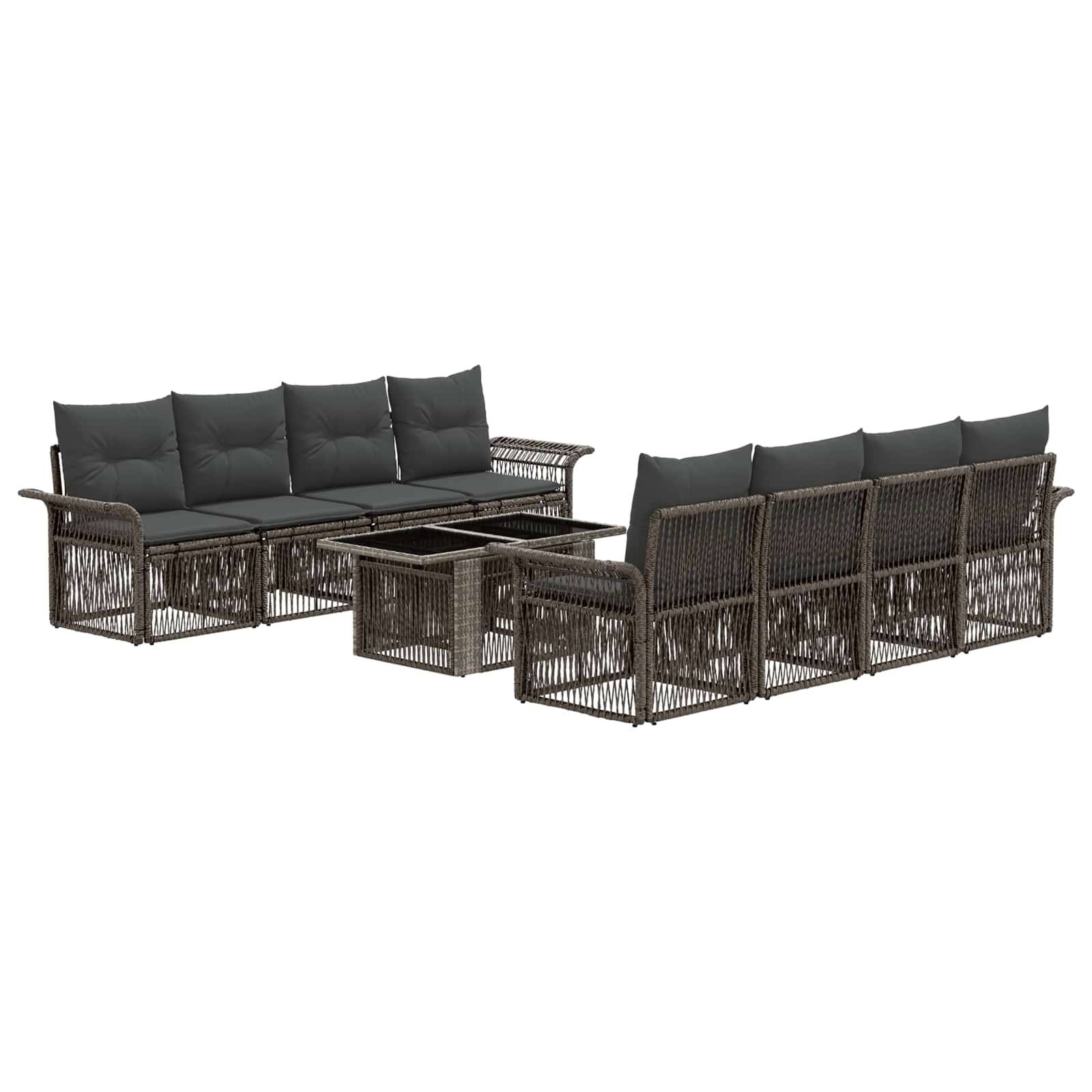 Outdoor-Rattam-Terrassen-Ecksofa-Set mit zwei sich gegenüberliegenden Sofas, Kissen und passendem Couchtisch auf weißem Hintergrund.