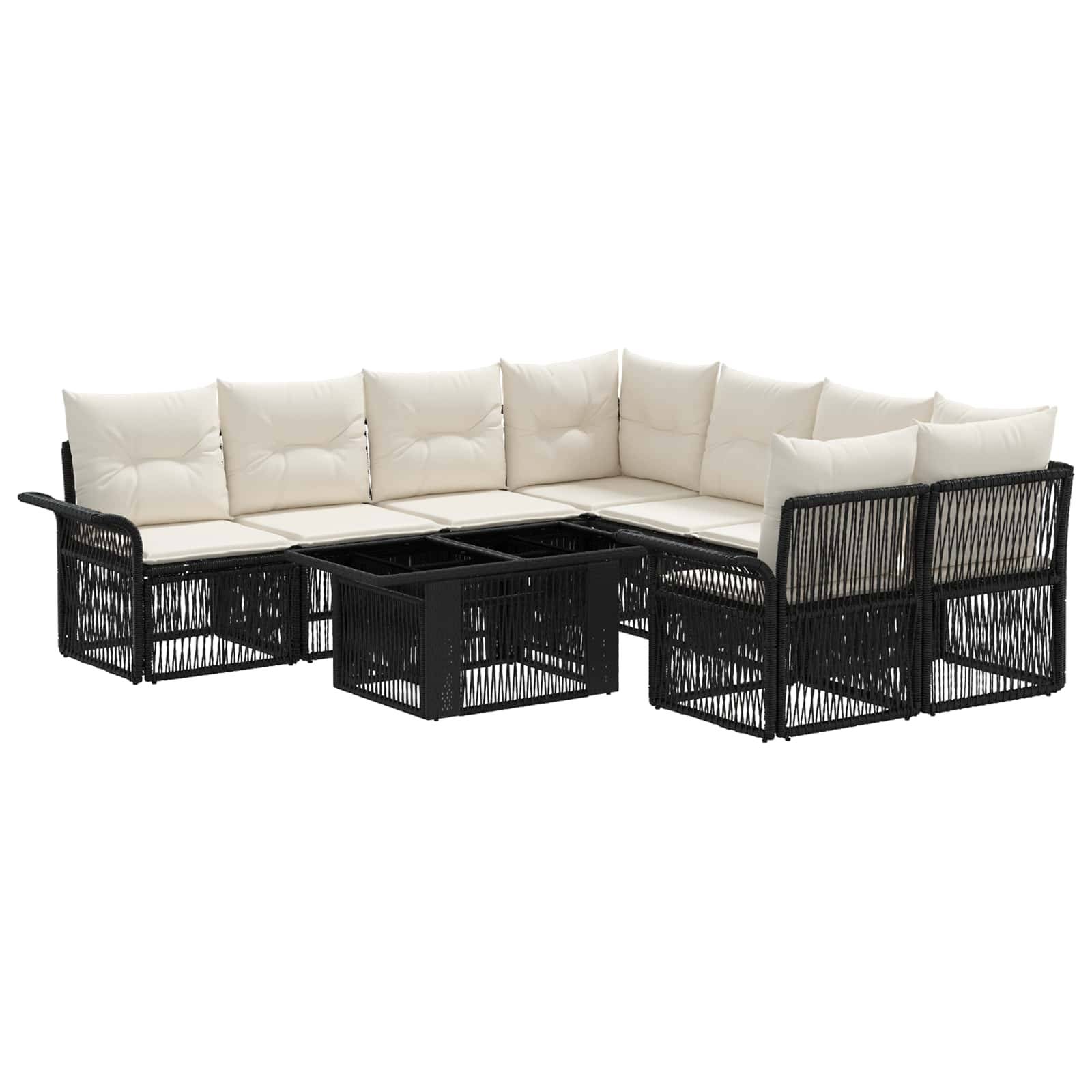 Schwarzes Polyrattan-Außensofa mit Cremefarbenen Kissen und quadratischem Glascouchtisch auf weißem Hintergrund.