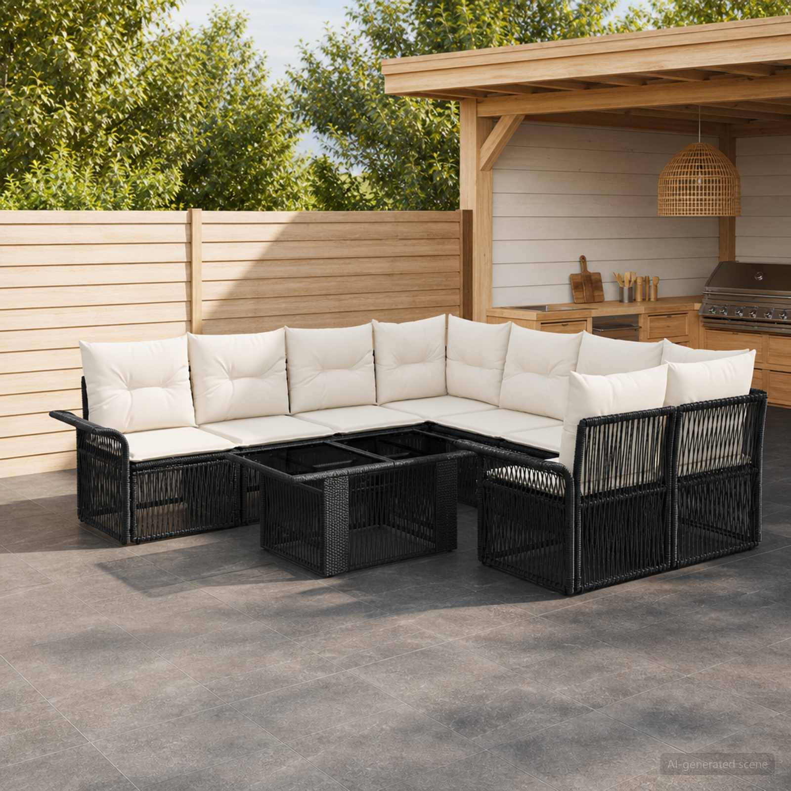 Schwarze Rattanmöbel in L-Form für den Außenbereich mit weißen Kissen und zentralem Couchtisch auf einer Terrasse neben einer hölzernen Außenküche.