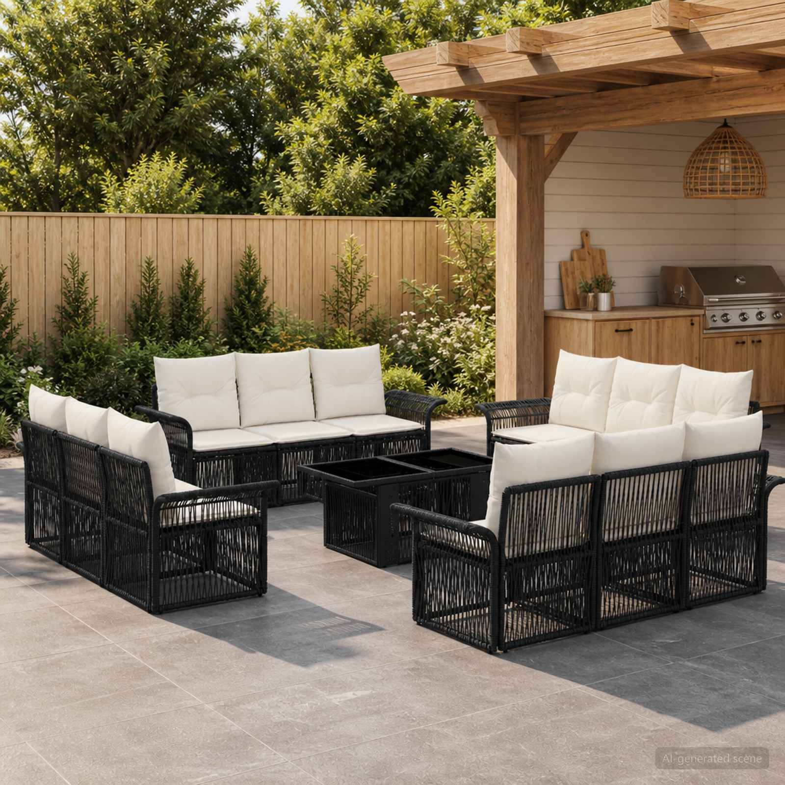 Außenbereich der Terrasse mit schwarzen Rattanmöbeln und weißen Kissen um einen niedrigen Tisch neben einer Holzkabine und einem Grill.