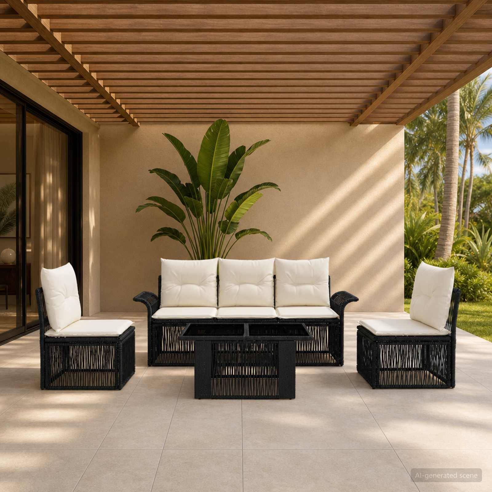 Außenbereich für eine Terrasse mit einem schwarzen Rattansofa, zwei passenden Sesseln und einem Couchtisch unter einer lamellenbespannten Pergola neben einer tropischen Pflanze.
