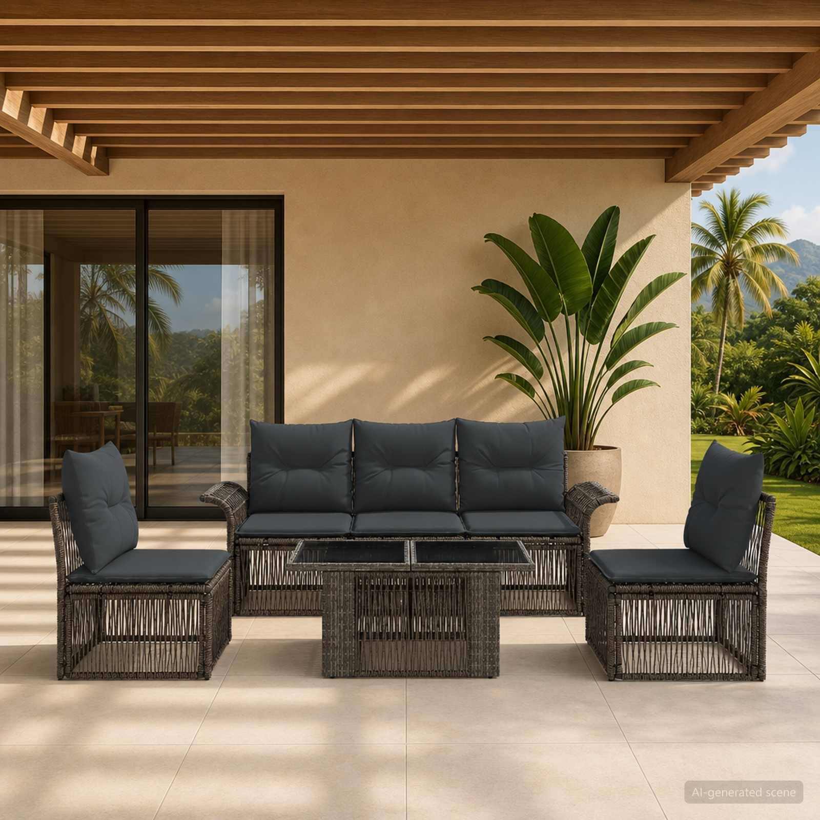 Outdoor-Sitzmöbel-Set mit dunkelgeflochtenem Sofa, Stühlen und Couchtisch unter einer überdachten Terrasse, mit einer getopften tropischen Pflanze und Gartenblick.
