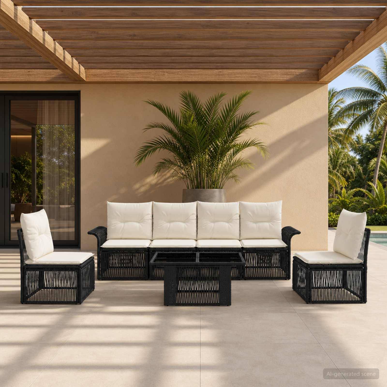 Außenbereich mit schwarzem geflochtenem Sofa, zwei Sesseln, Couchtisch und weißen Kissen unter einer Holzpergola, mit einer Palme vor einer beigen Wand.