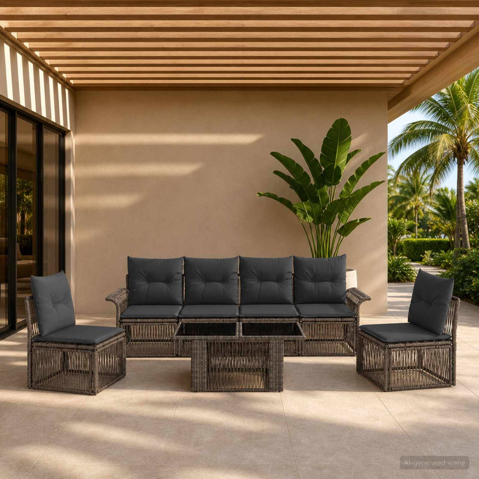 Außenbereich der Terrasse mit Rattansofa, zwei Stühlen und einem Couchtisch unter einer lamellenbespannten Pergola, neben tropischen Pflanzen und Palmen.