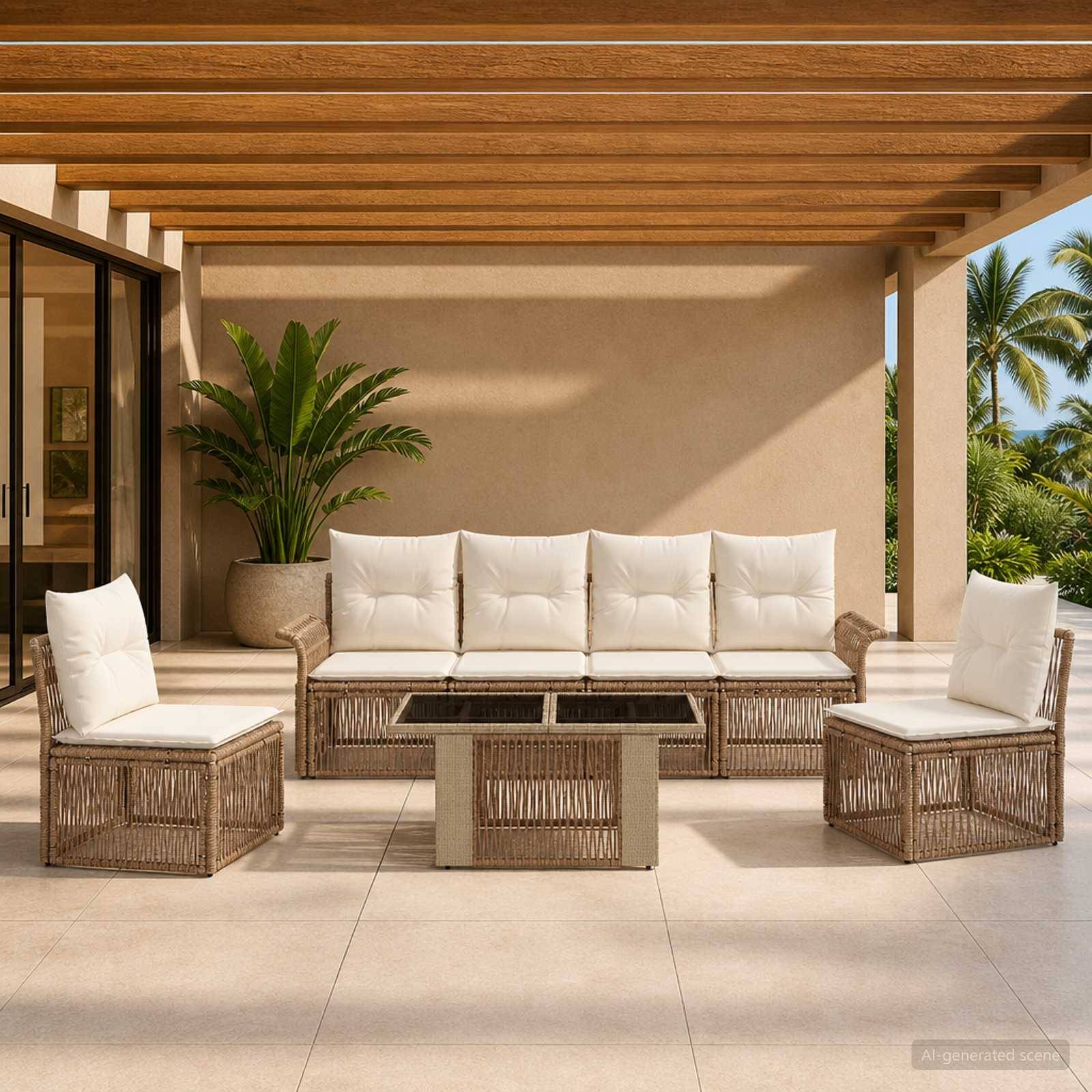 Outdoor-Terrasse mit Wickel-Ecksofa, Couchtisch und zwei Sesseln unter einer Holzpergola, mit Topfpalme und tropischer Aussicht.