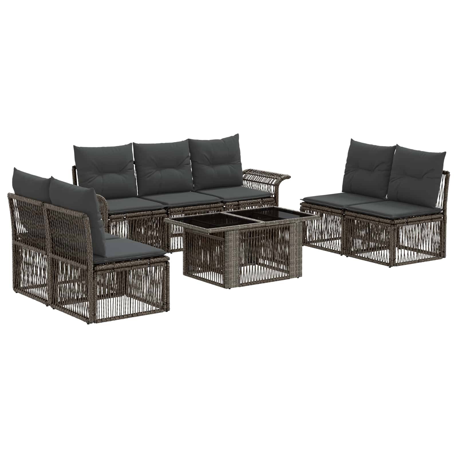 Gartenmöbel-Set aus Rattangeflecht mit zwei Sofas, zwei Sesseln und einem Couchtisch mit Glastischplatte, alle mit dunkelgrauen Kissen.