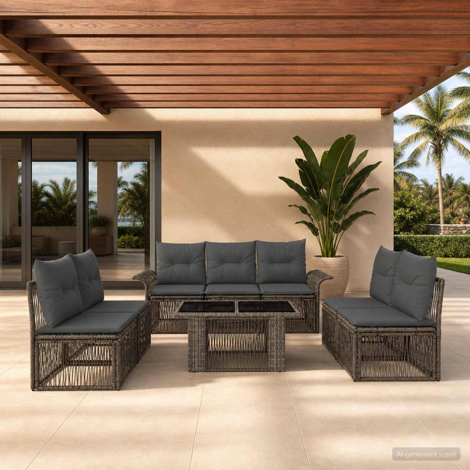 Outdoor-Terrassensitzbereich mit Rattansofa, Stühlen und Glaskaffeetisch unter einem Holzlattendach, neben tropischen Pflanzen und Glasschiebetüren.