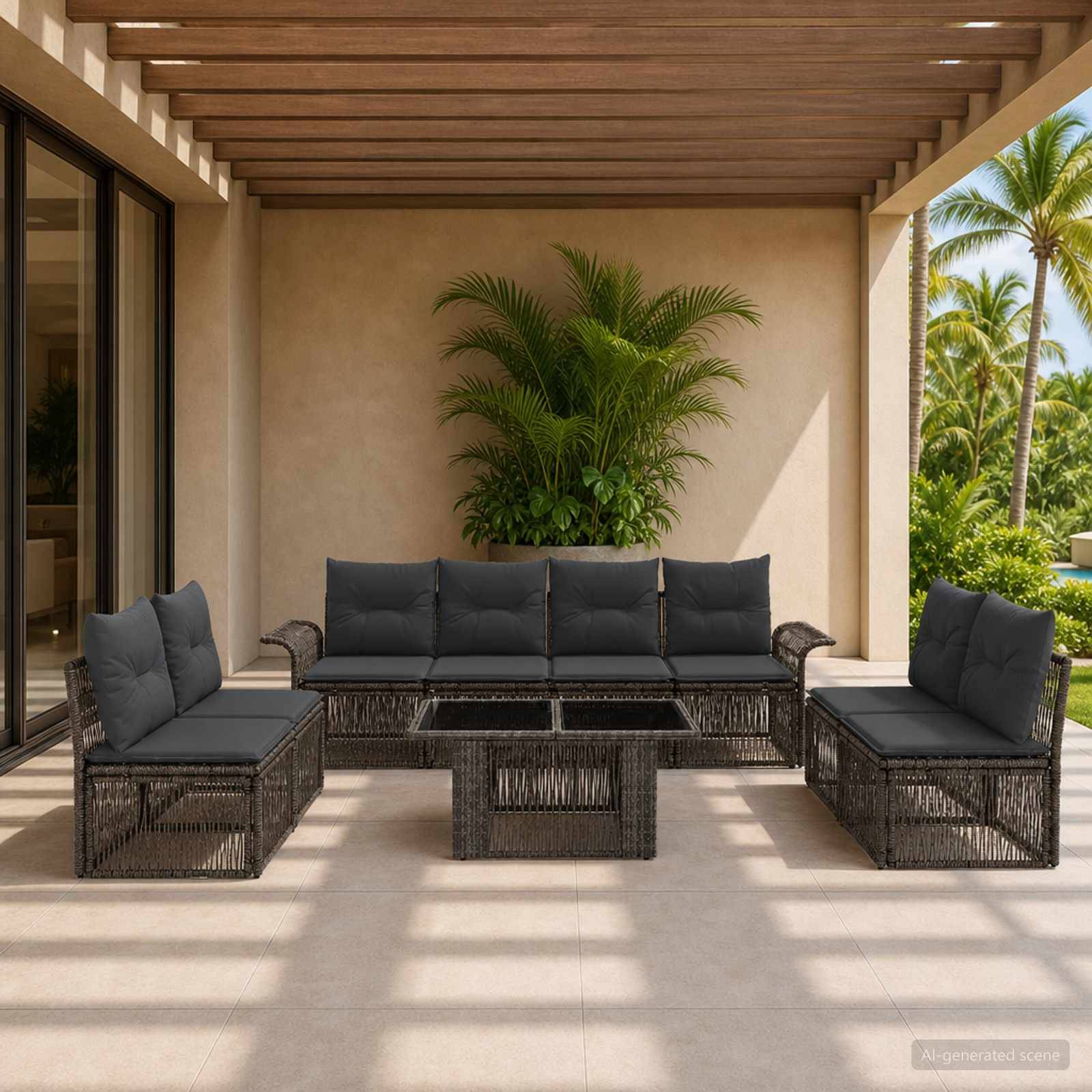 Überdachte Terrasse mit dunklem Rattan-Außensofaset und Couchtisch, eingefasst von einer großen Topfpalme und Blick auf den tropischen Garten.