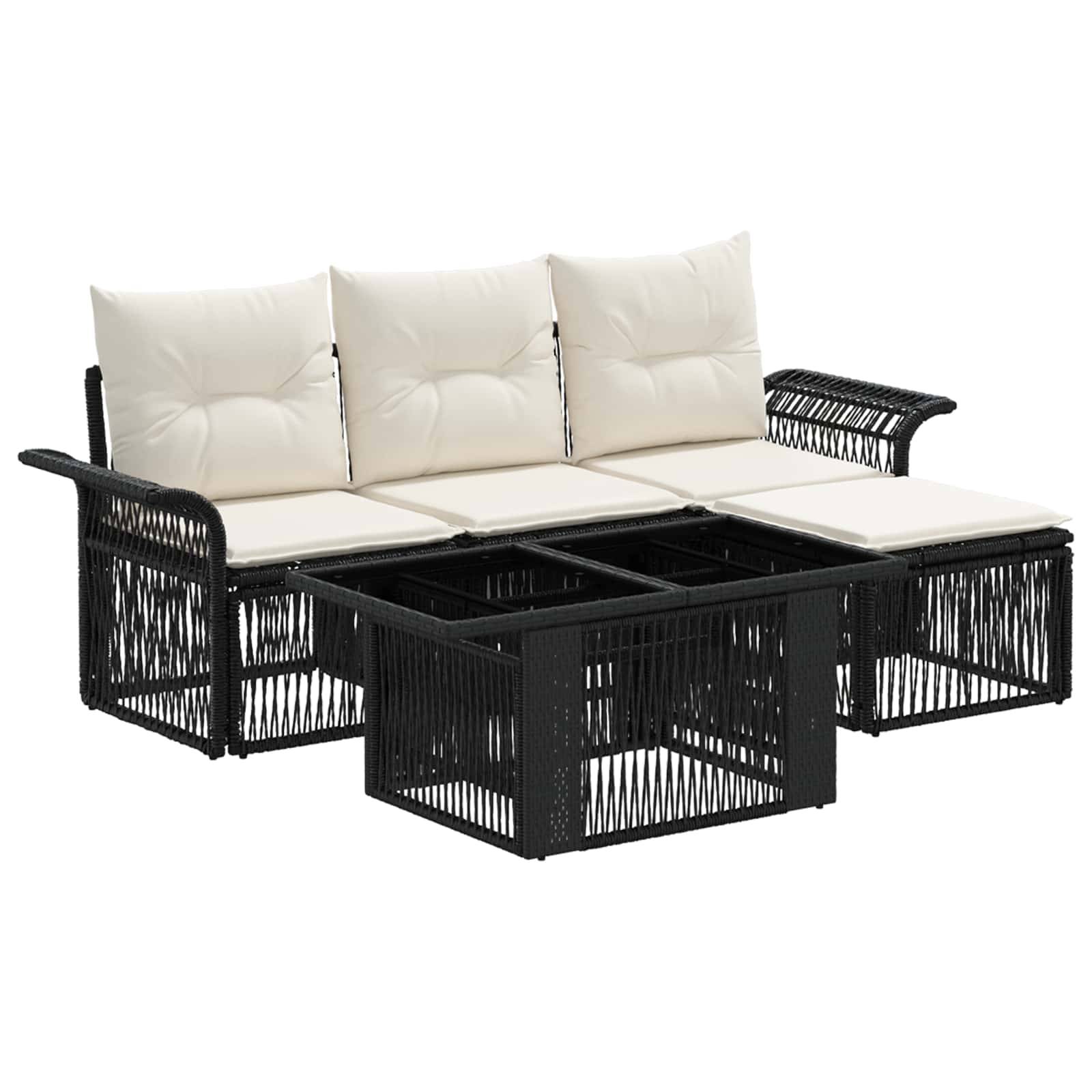 Schwarzes Rattan-Außensofa mit weißen Kissen und passendem Glastisch, auf weißem Hintergrund dargestellt.