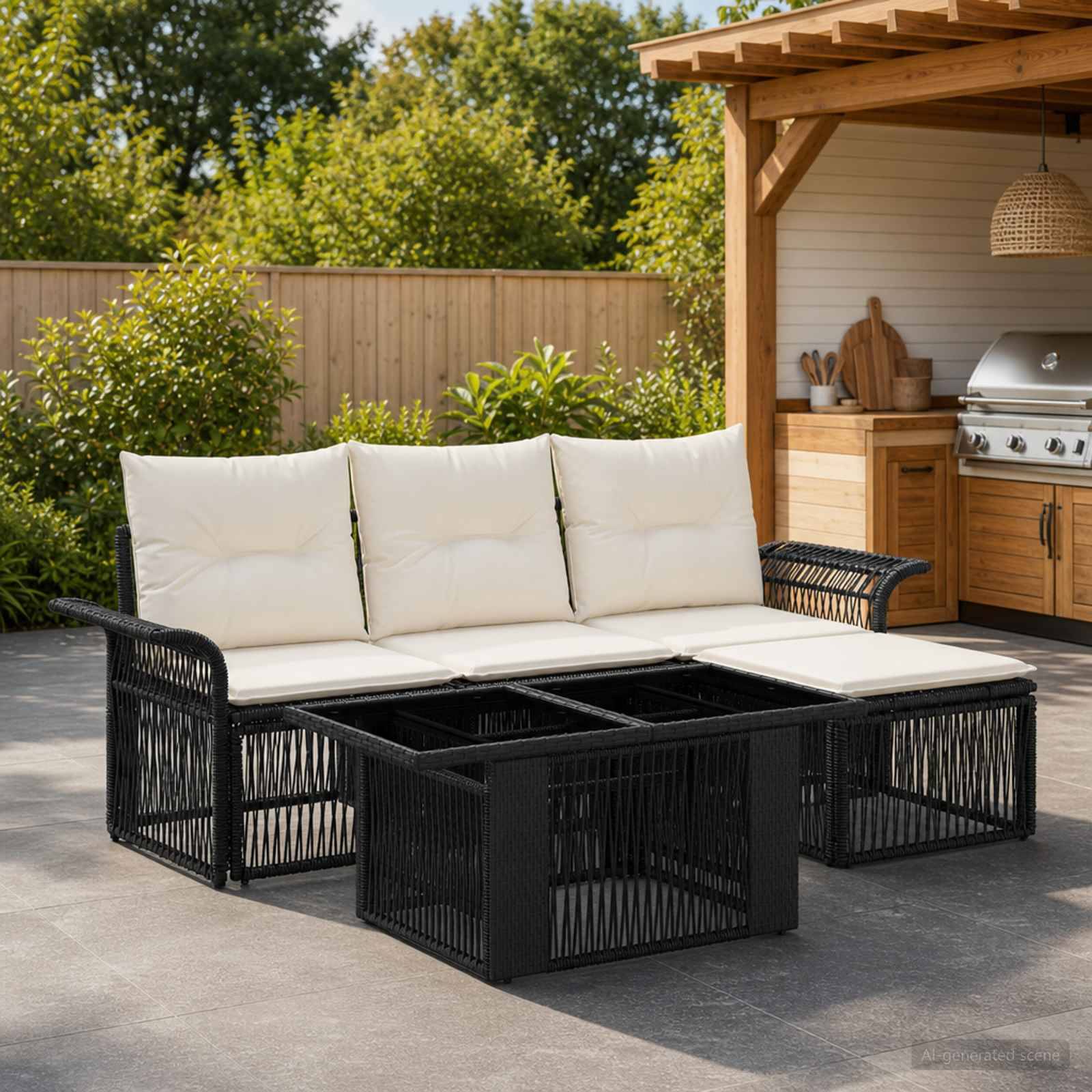 Outdoor-Rattansektional in Schwarz mit cremefarbenen Kissen und passendem Couchtisch auf einer Terrasse neben einem Grillbereich im Hinterhof.