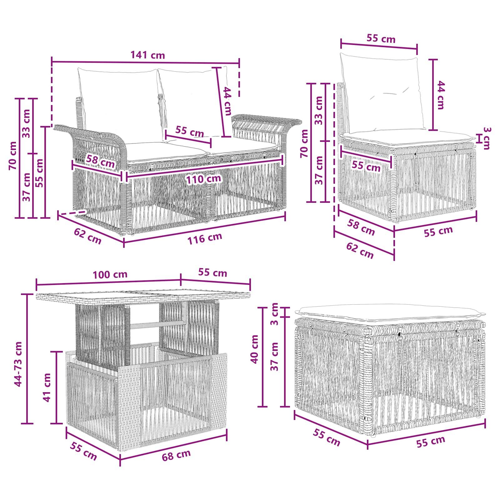 Vier Korbmöbel für die Terrasse mit Kissen, die in einer Größentabelle dargestellt sind, einschließlich Sofa, Stuhl, Schrank mit Stauraum und Hocker, jeweils mit Abmessungen in Zentimetern gekennzeichnet.