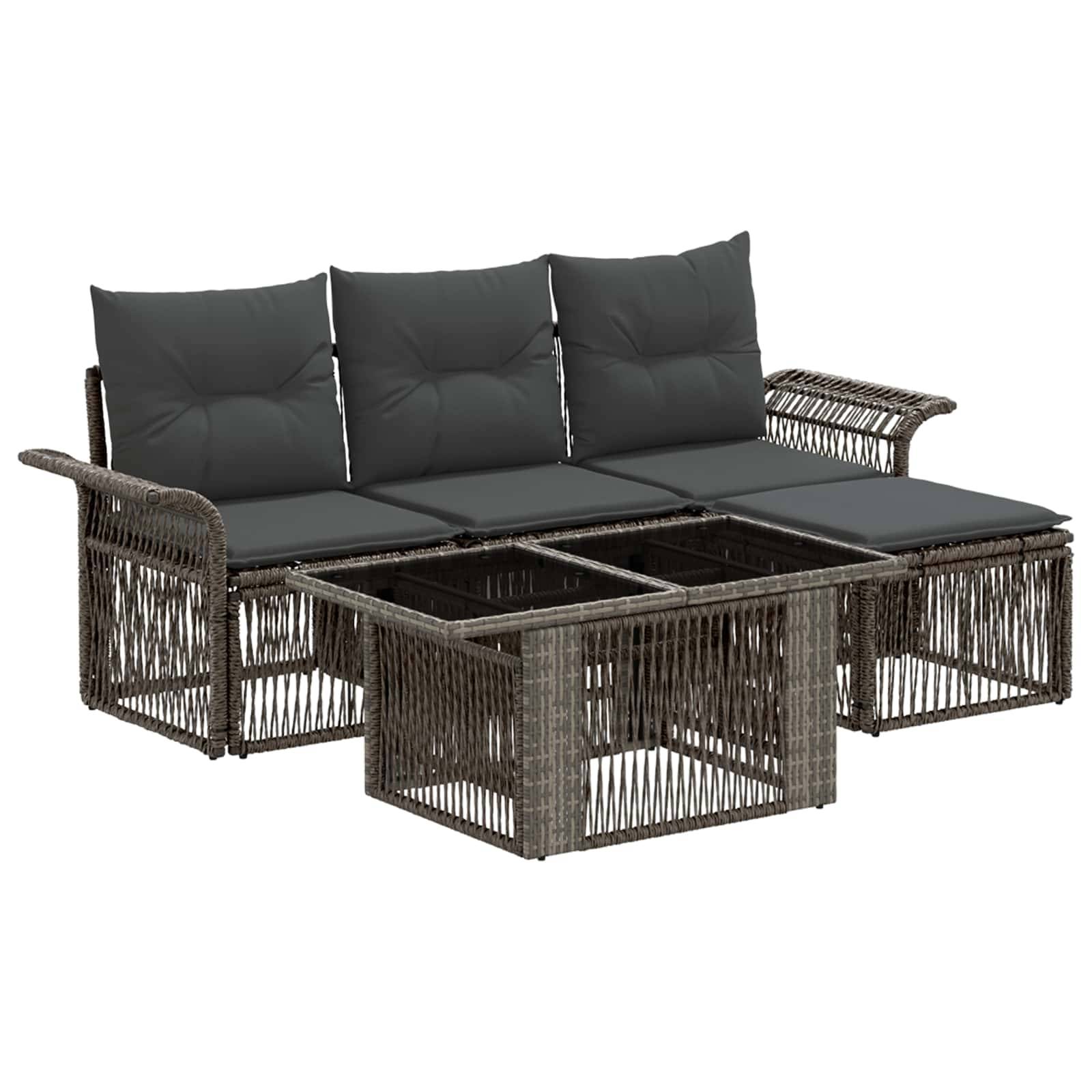 Braunes Rattan-Außenbereichs-Ecksofa mit dunkelgrauen Kissen und integriertem quadratischem Couchtisch