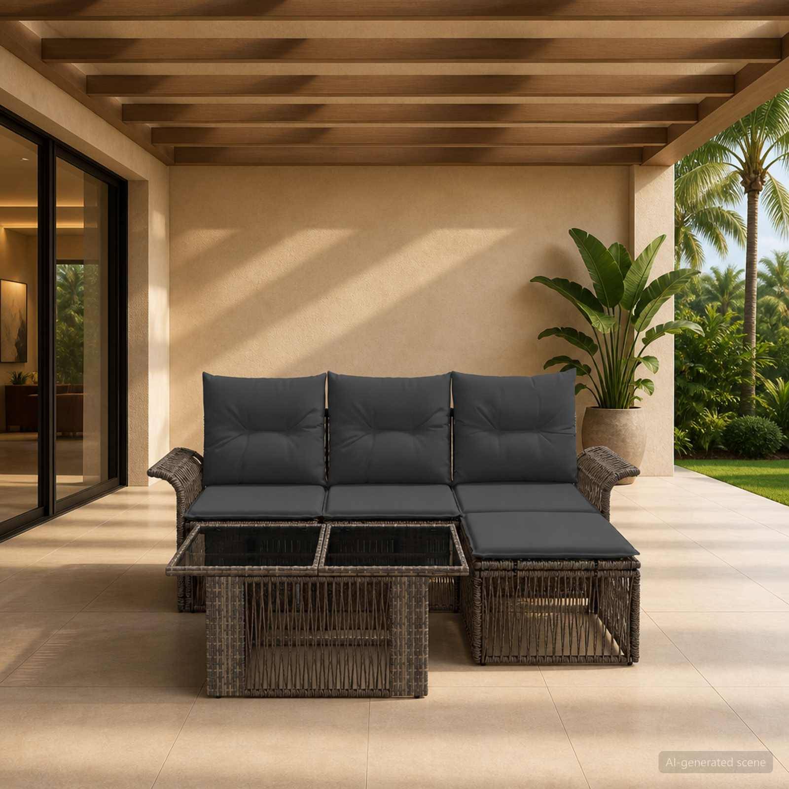 Gartensitzgarnitur im Außenbereich mit dunklem gepolstertem Rattansofa und Couchtisch unter einer Pergola, neben einem Haus mit tropischen Pflanzen.