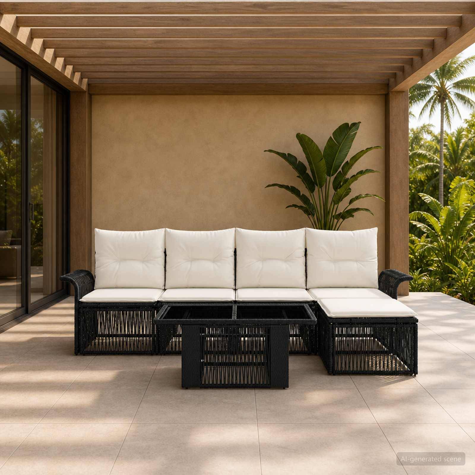 Außenterrasse mit schwarzem Rattansofa und weißen Kissen unter einer Holzpergola, neben Glastüren, einer Topfpflanze und Palmen.