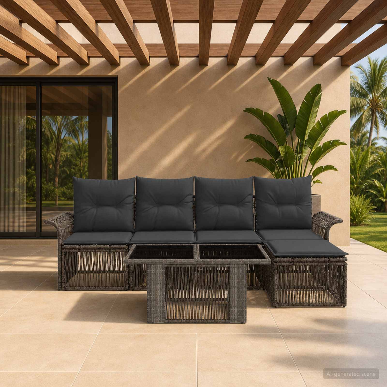 Außenbereich einer Terrasse mit dunklem Rattan-Ecksofa und Tisch unter einer Holzpergola, neben Glasschiebetüren und tropischen Pflanzen.