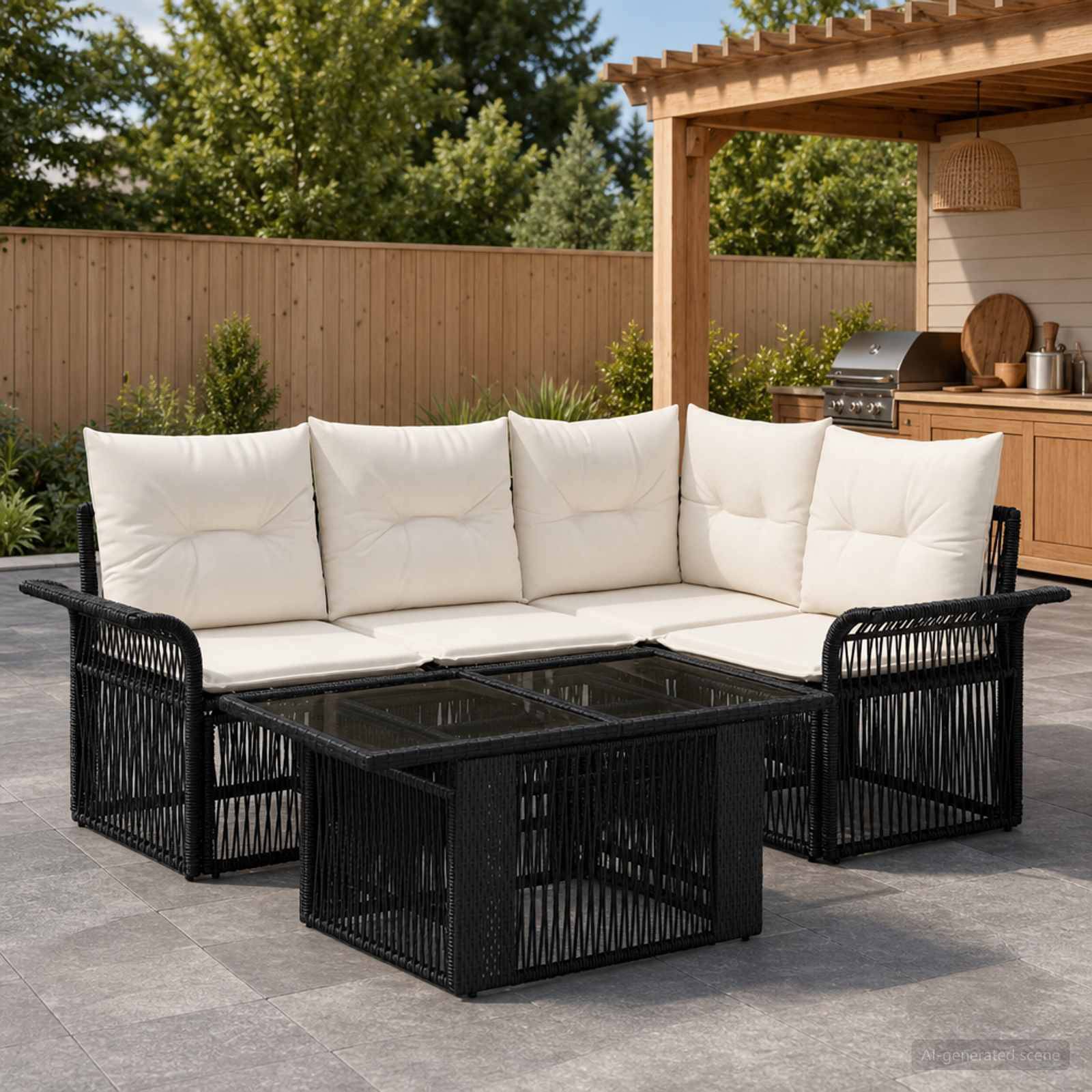 Außenbereich mit Sitzmöbeln auf der Terrasse mit einer schwarzen Polyrattan-Eckgarnitur, weißen Kissen und einem passenden Glastisch daneben, neben einer Pergola und einer Außenküche.